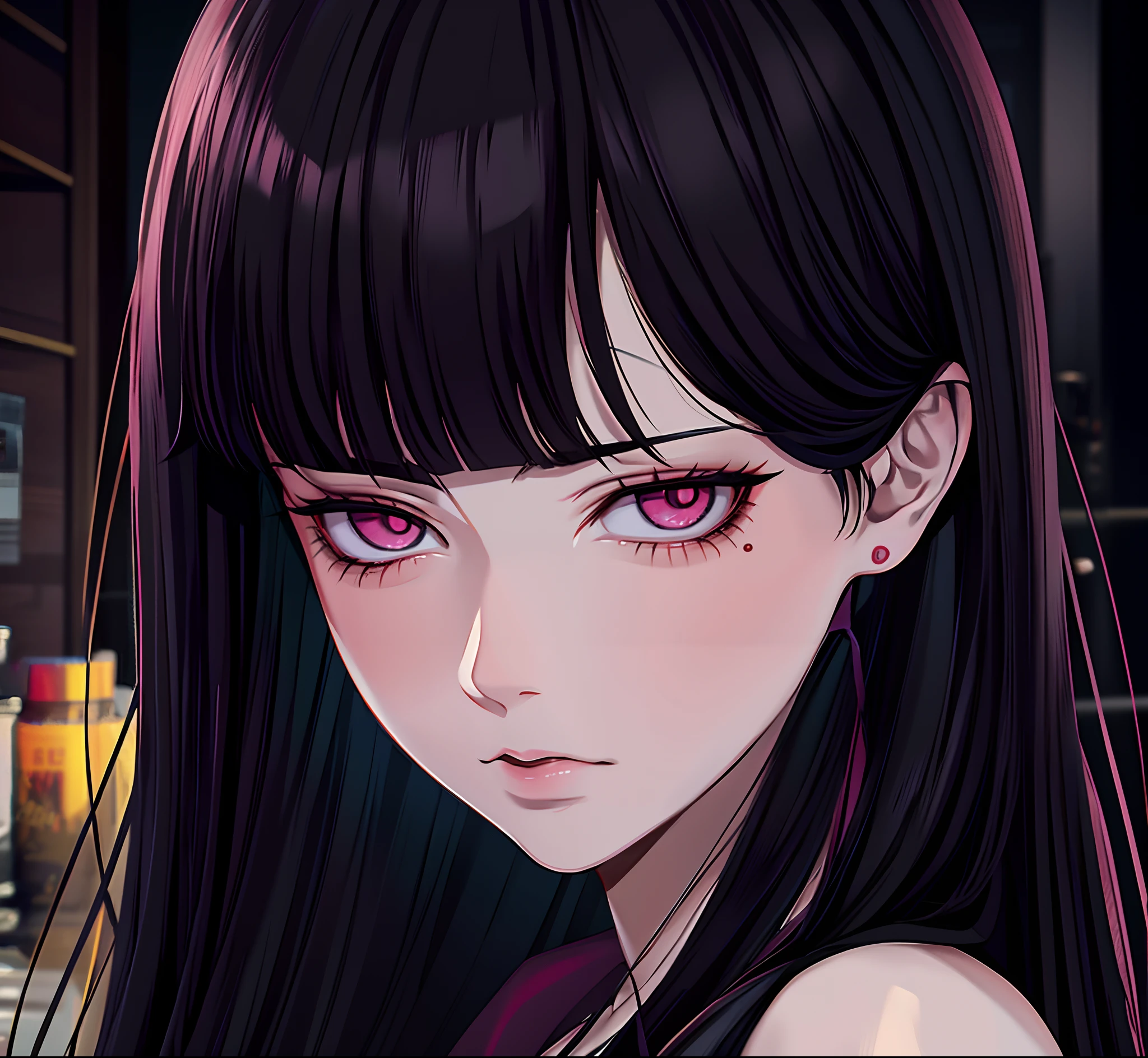 masterpiece, best quality, wallpaper, 1girl, solo, looking at viewer, upper body, depth of field, <lora:ordinary_person_akudama_drive:0.72>, ordinary_person_akudama_drive, black hair, , , , long hair, pink eyes, , A dark, foreboding castle where a wicked queen reigns, 16k resolution