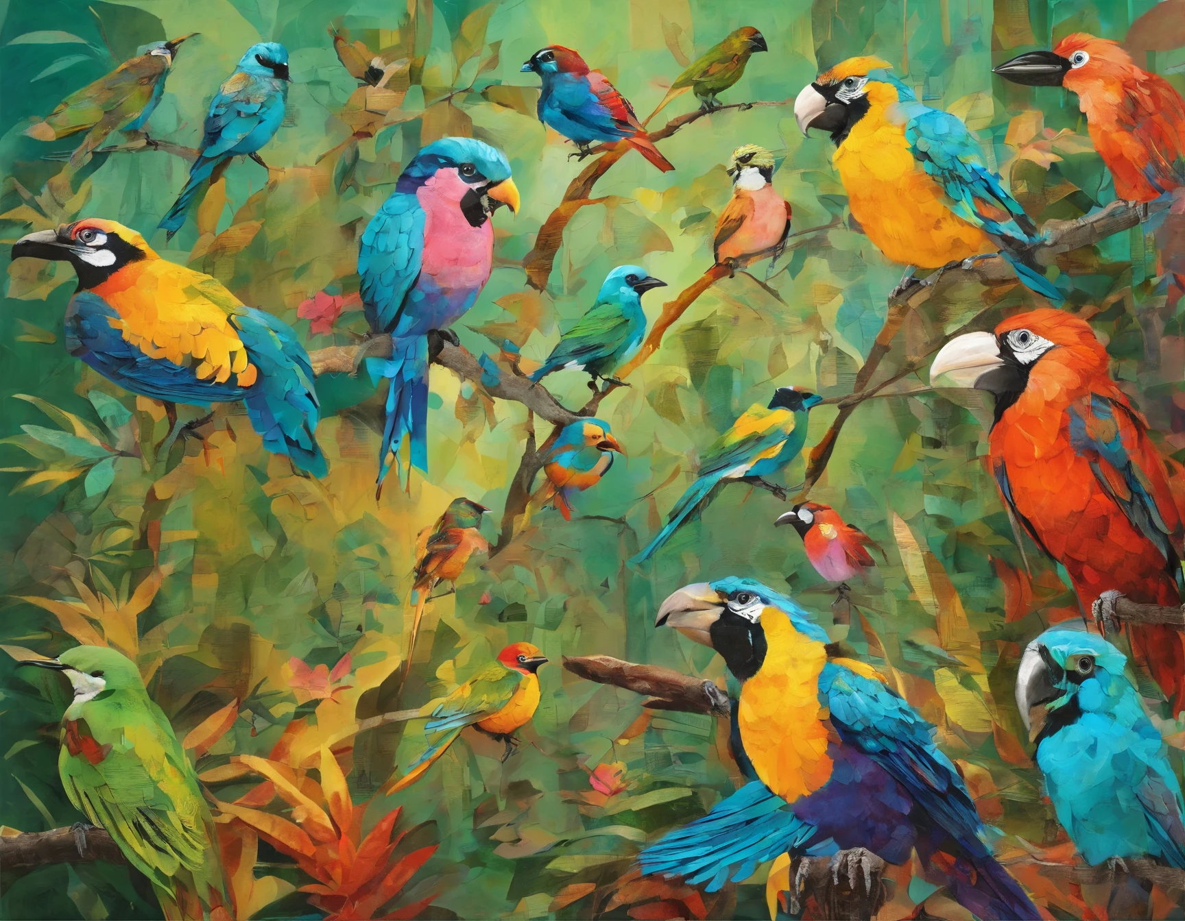 Oil painting poster of many tropical birds on the trees, different birds, colored birds.