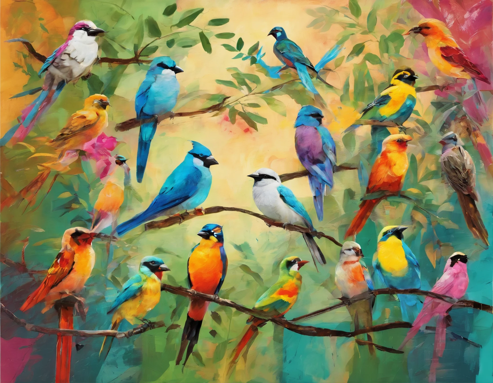 Oil painting poster of many tropical birds on the trees, different birds, colored birds.