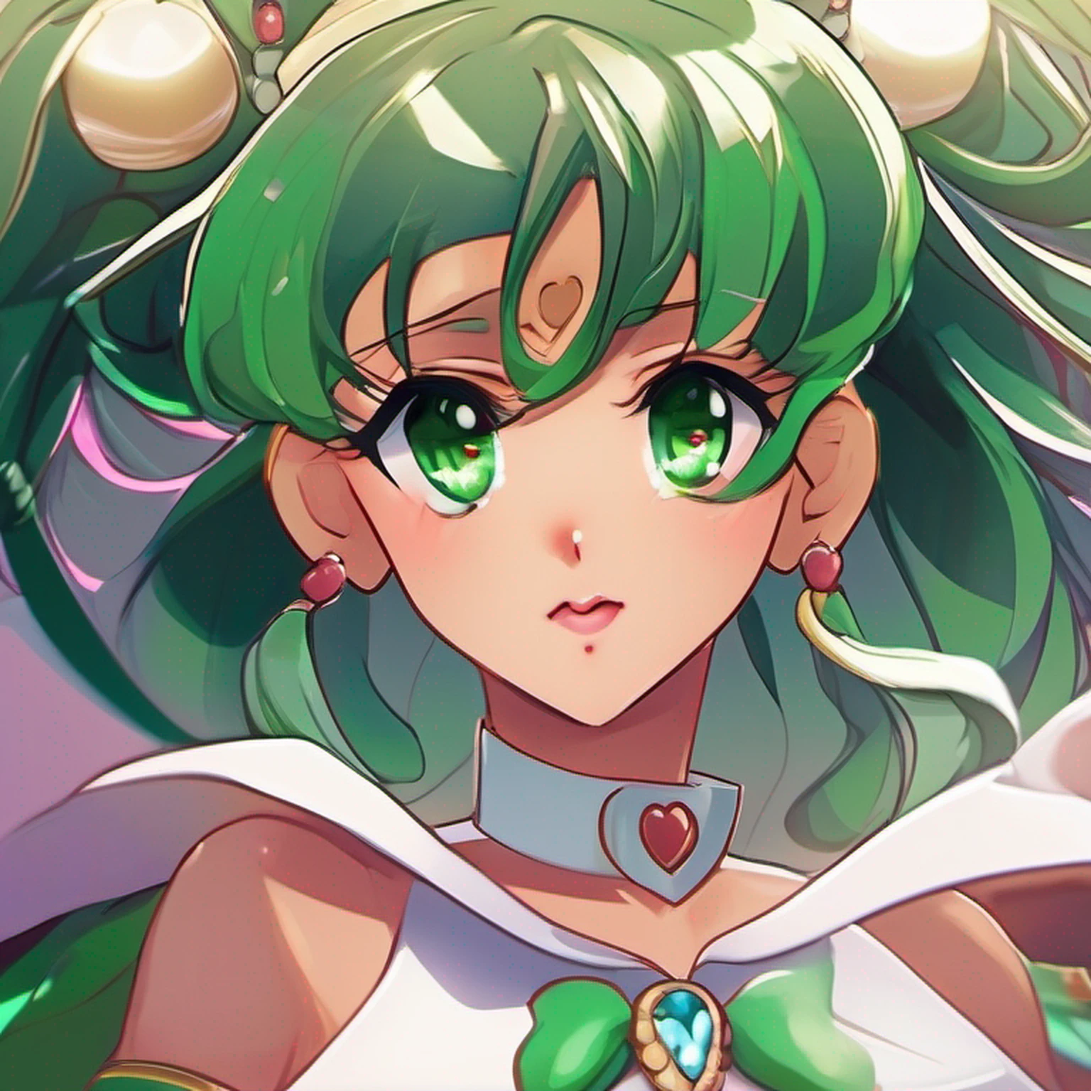 Significado moderno de anime. Angled view, Face closeup action cute portrait "sailor pluto" de Sailor Moon, cabelo longo rabo de cavalo verde, cabelo fluindo ao vento, inclinando-se para a frente, corpo magro, altamente ornamentado e detalhado "saia verde escura", "tampo branco" "luvas brancas", "Arco vermelho do peito", angle, "Botas de salto alto do joelho verde", efeito de desfoque de profundidade de campo, Noite, fotorrealista. Cinematic lighting, altamente detalhado. melhor qualidade, 4k, Better hand, anatomia perfeita, expression focused on flirting cute and shy, reflection, peito achatado, roupas altamente ornamentadas, Pose de Luta de Batalha, lua cheia grande no fundo, segurando um (long staff rod with a crystal heart), jardim encantador no fundo