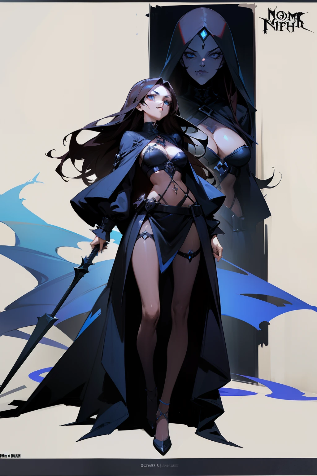 A women dark knight with a grim reaper-inspired sexy outfit, long flowing dark hair, and piercing blue eyes, depicted in a concept art style.