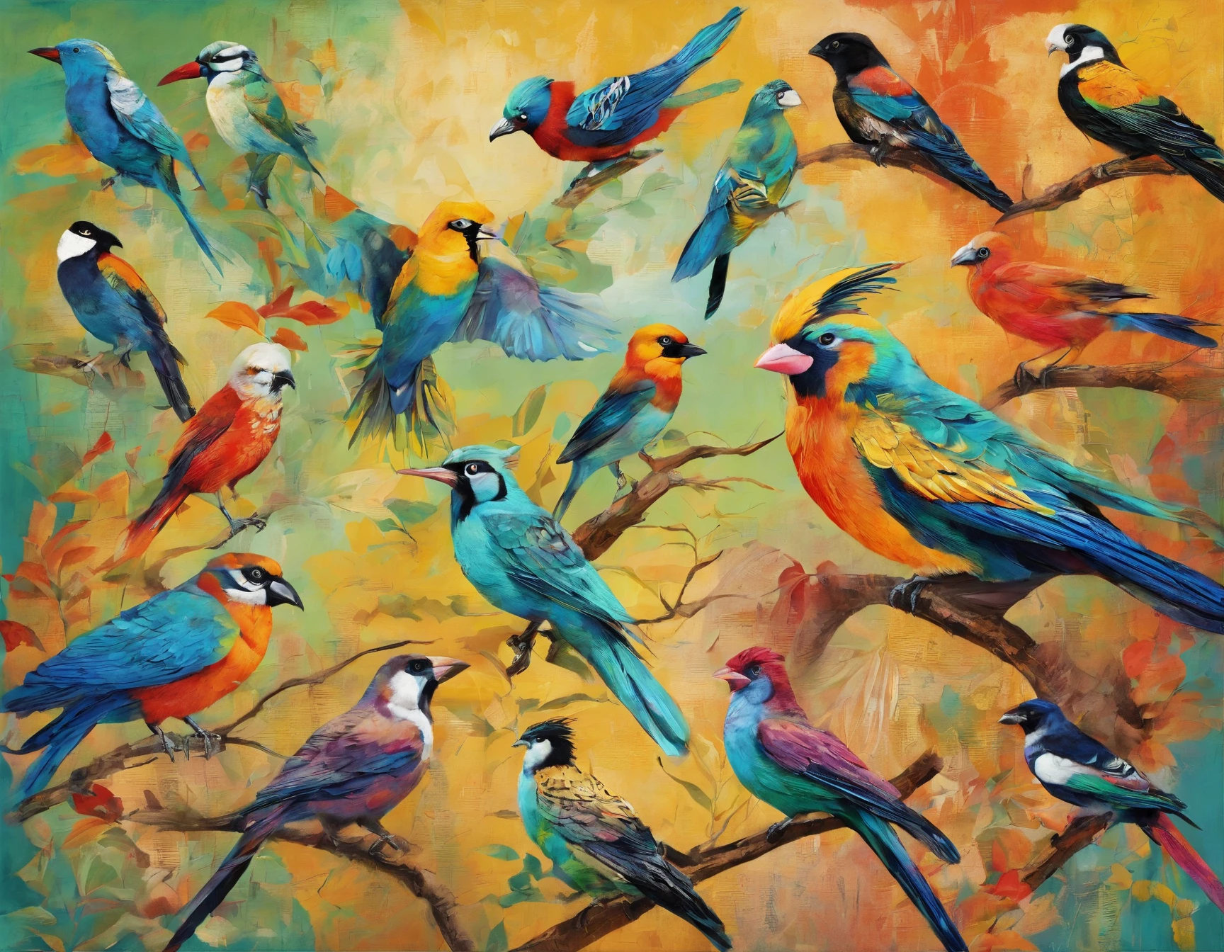 Oil painting poster of many tropical birds on the trees, different birds, colored birds.