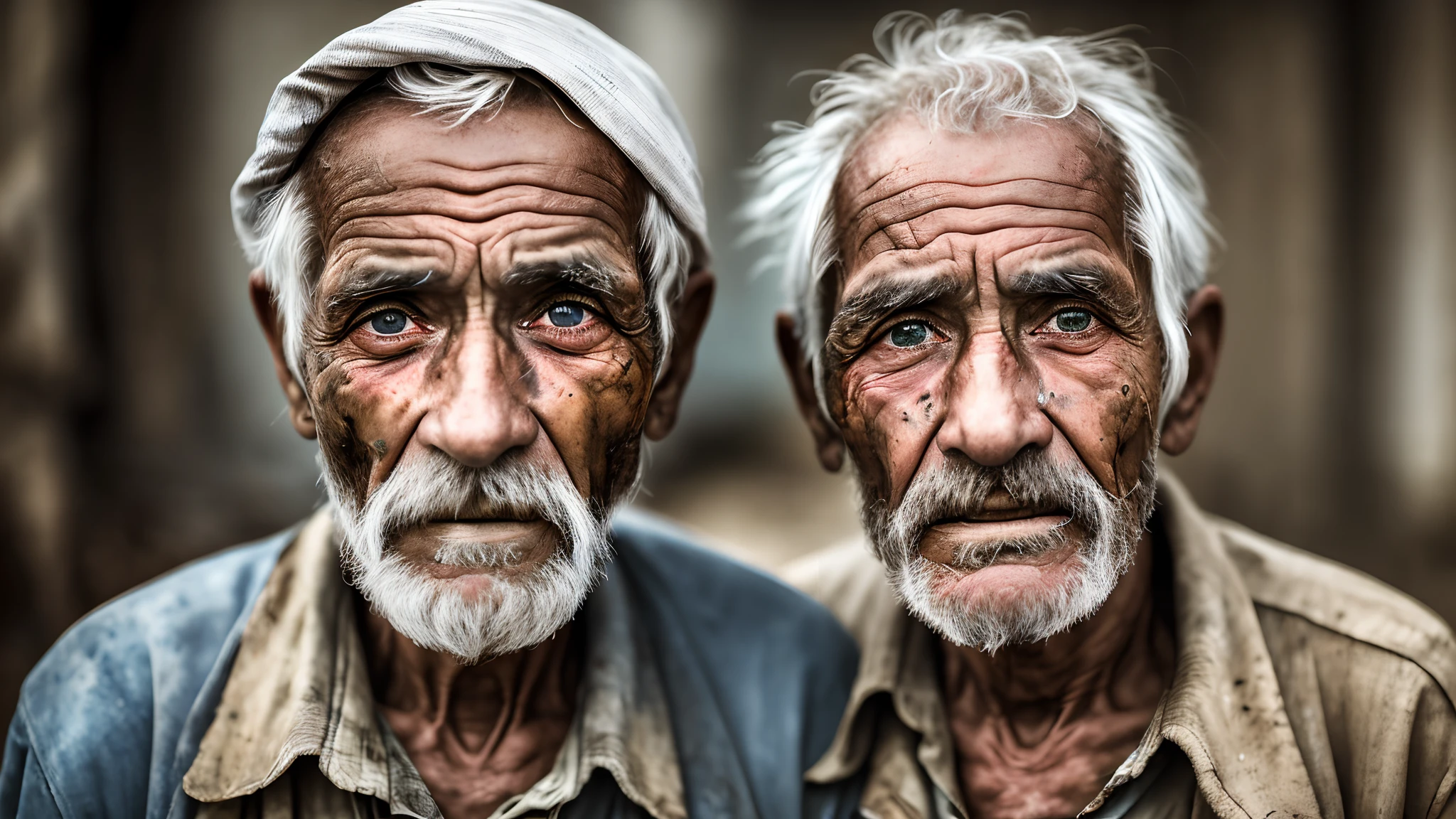 Portrait photo of poor old worker in rags, ((overwhelming fatigue )), Wrinkles of age,Nature,grittiness, Messy, face, Half body, Body,Nature,highdetailskin, mine, The weather is muggy and hot, No wind, 8K UHD, Digital SLR, Soft lighting, High quality, filmgrain, Fujifilm XT3