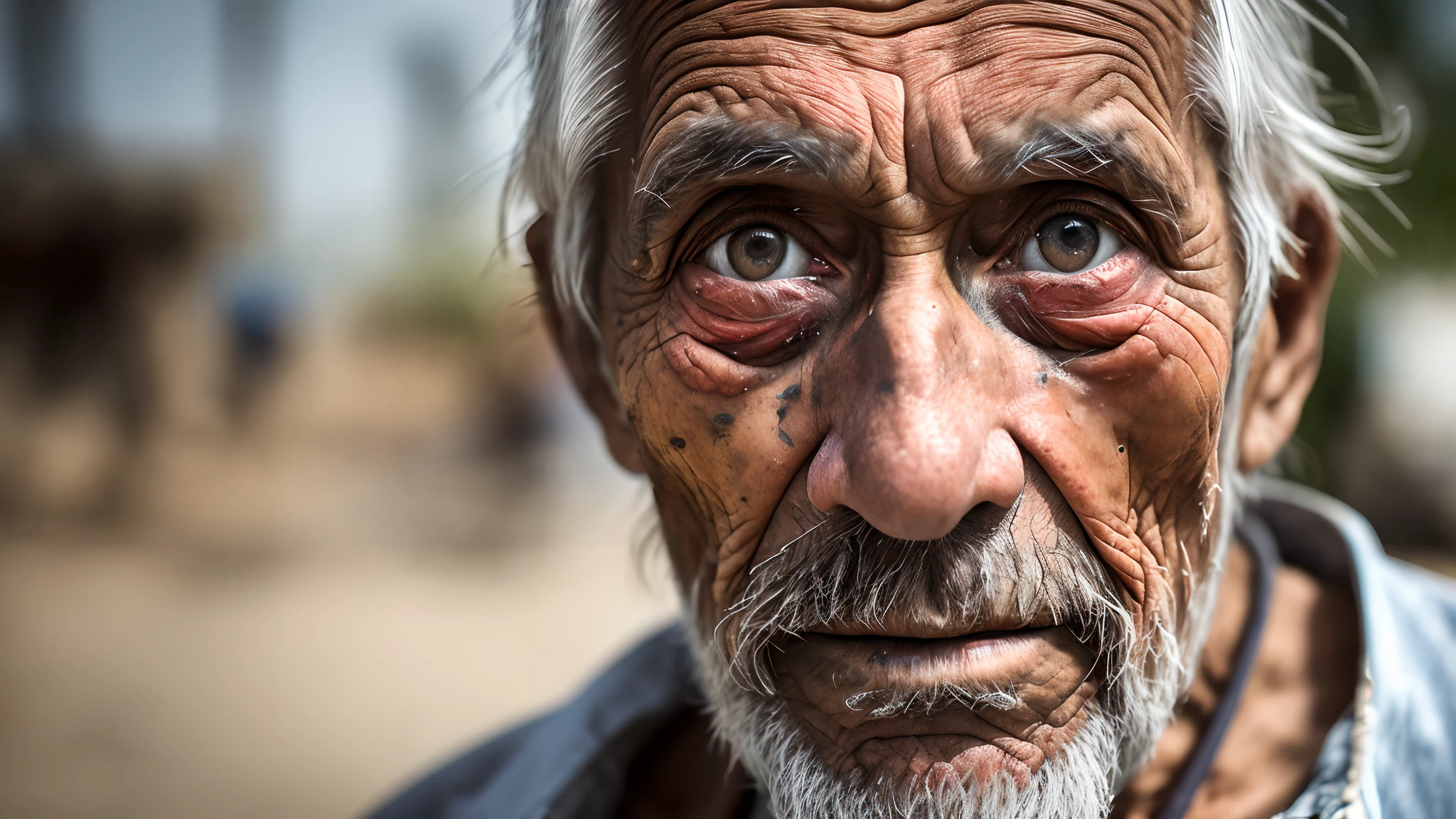 Portrait photo of poor old worker in rags, ((overwhelming fatigue )), Wrinkles of age,Nature,grittiness, Messy, face, Half body, Body,Nature,highdetailskin, mine, The weather is muggy and hot, No wind, 8K UHD, Digital SLR, Soft lighting, High quality, filmgrain, Fujifilm XT3