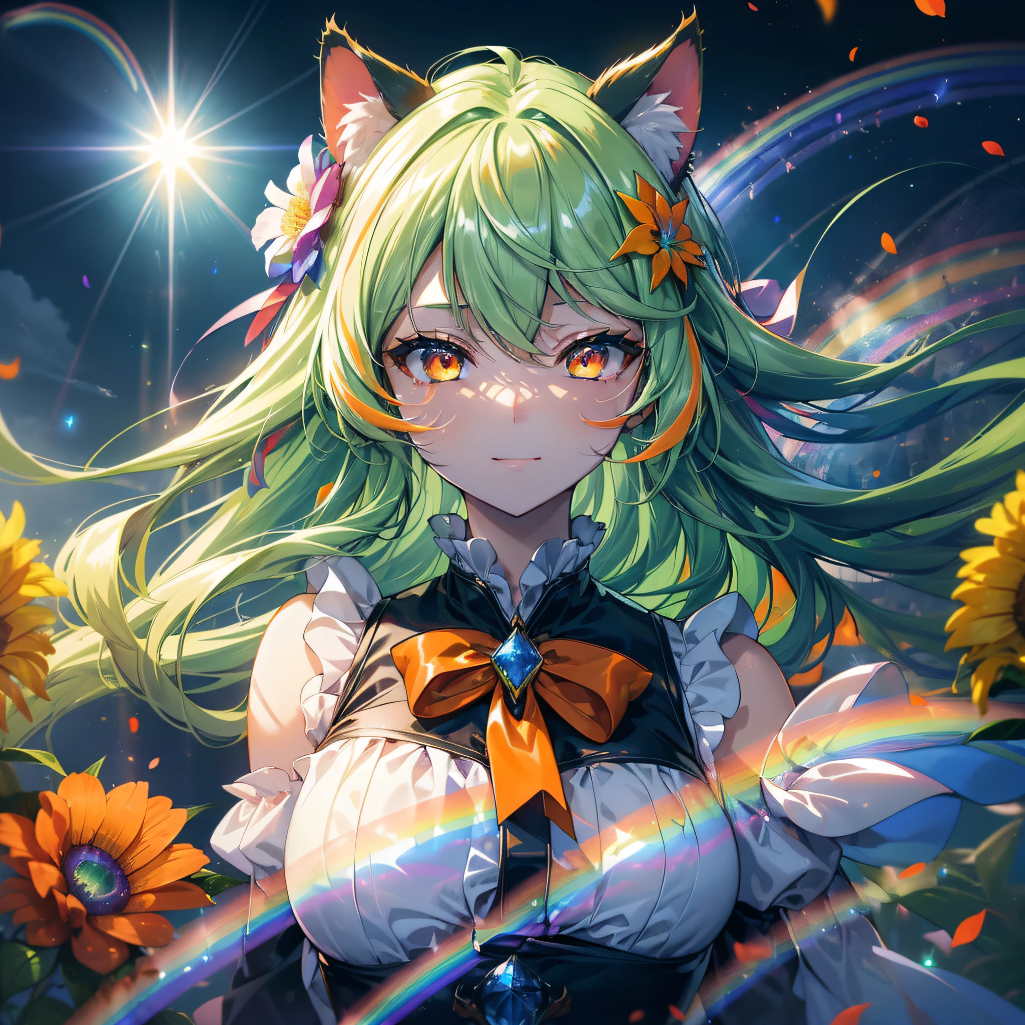 (Cat's ears:1.4),(Bright green straight hair with details:1.7),straight haired,(Face Focus:1.3) (Rainbow Background:1.3),(Open your mouth and smile shyly:1.3) ,(Slim Faces:1.3),(tiny chest:1.0),(Lip close-up:1.3),(Half closed eyes:1.3), (Angel Bride Dresses:1.2), (Sleeping face:1.3), (Complex iridescent ribbons:1.3), (Mini skirt with red ruffles:1.3),sleeping princess,(Blue sky and complex prairie:1.3),A deep blue sky and a vortex of light enveloped her, Canon 5D, 85 mm, depth of fields, 8K, ultra sharpness, nffsw, octane, Unreal, Dramatic light, Global Illumination,Motion Picture Film,rainbow,lensflare,(Orange Eyes:1.3),extremely detailed eye,(Flower Rainbow Art:1.3),(Fantasia:1.3),(Agfacolor:1.3),(close portrait:1.3),(Feminine:1.4),(Beautiful:1.4),(Attractive:1.3),Move an angle,perfectly detailed eyes,Themed Background,Large grasslands,(Chest zoom:0.7)