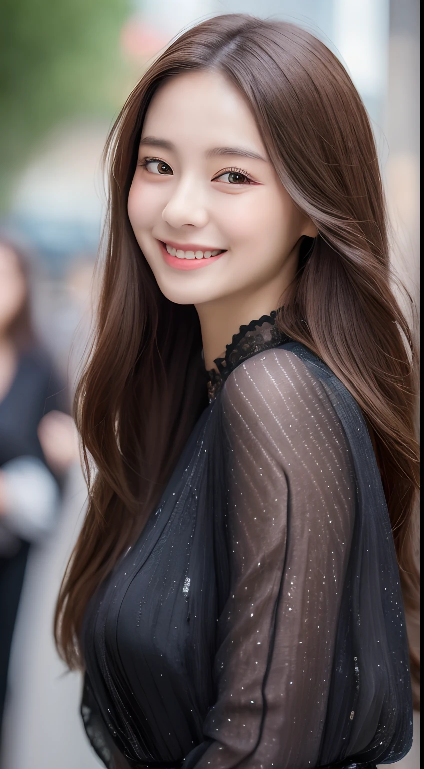 ((highest quality, 8k, masterpiece :1.3)), One girl, smile, whole body, Slim face, Beautiful woman, (Dark brown hair), Full-length dress :1.1, Highly detailed face, Fine grain, double eyelid,  Blur the background, Slim face, city, outside, street,