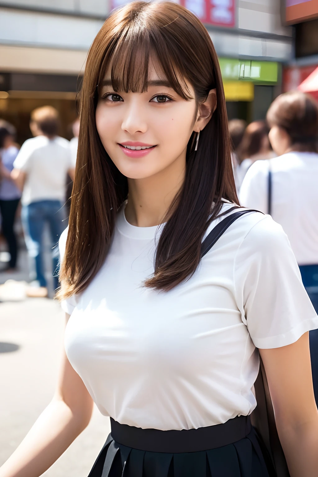 (8k, RAW photos, top quality, masterpiece: 1.2), ultra detailed, super resolution, (real, real photos: 1.37), portraits, high definition RAW color photos, professional photos, very detailed and beautiful, highly detailed, 8k wallpapers, amazing details, huge file size, official art, highly detailed CG Unity 8k wallpapers, highly detailed beautiful girls, highly detailed facesHighly detailed eyes, highly detailed skin, highly detailed fingers, Highly detailed nose, Highly detailed mouth, Perfect anatomy, Highly detailed background, Highly detailed clothing, One Girl, (18:1.2), , cute girl, famous Japan idol, cute, realistic body, petite, white skin, glowing skin, slim body, handsome body, brown hair, medium hair, (blunt bangs:1.2), smile, cute, youthful, pretty face, realistic face, delicate eyes, sagging eyes, white t-shirt, skirt, earrings, camera gaze, cowboy shot, front-facing, standing, contrapost, high street, public, crowd, dynamic lighting, very big breasts,