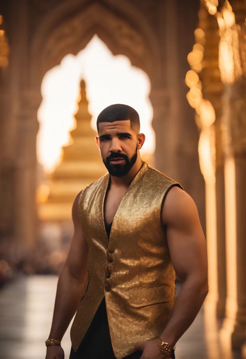 A Photograph capturing Drake, the rapper, bathed in warm golden light, stands confidently, adorned in a gleaming gold vest, against a majestic temple backdrop.