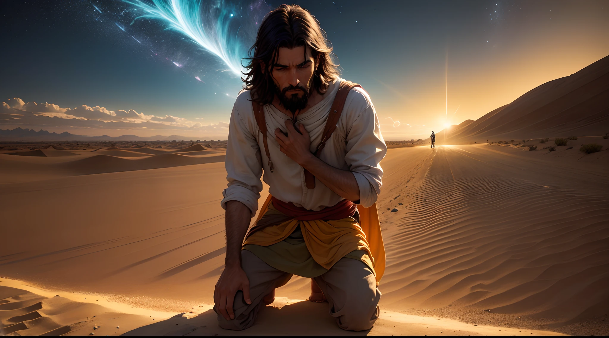 On the desert road to Damascus, um homem, Saulo, he kneels in a daze under an explosion of light from the sky. As the glow brightly illuminates the path and reveals shadowed figures – their companions – sound waves emanate from the light, sugerindo uma voz potente, representing the divine intervention of Jesus after His resurrection.