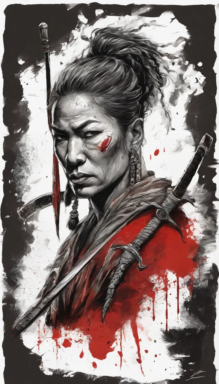 T-shirt design, illustration ultra color, center art, fierce dragon background, Afuro Samurai) is a Japanese independent seinen manga (dōjinshi) criado por Takashi Okazaki, samurai_ (Afro samurai anime), weapon, 1man 38 years, solo, male focus, sword, greyscale, afro hair, manly, fierce, holding, scar on face, upper body, incredibly strong, rita rossweisse, gothic colors, mood of tension and terror, Artlist_Milli-Liter,style samurai, ink style, sketch style, hand-painted lines , Edge line, ink mark, Pencil line, vivid colors, super realistic, textured skin