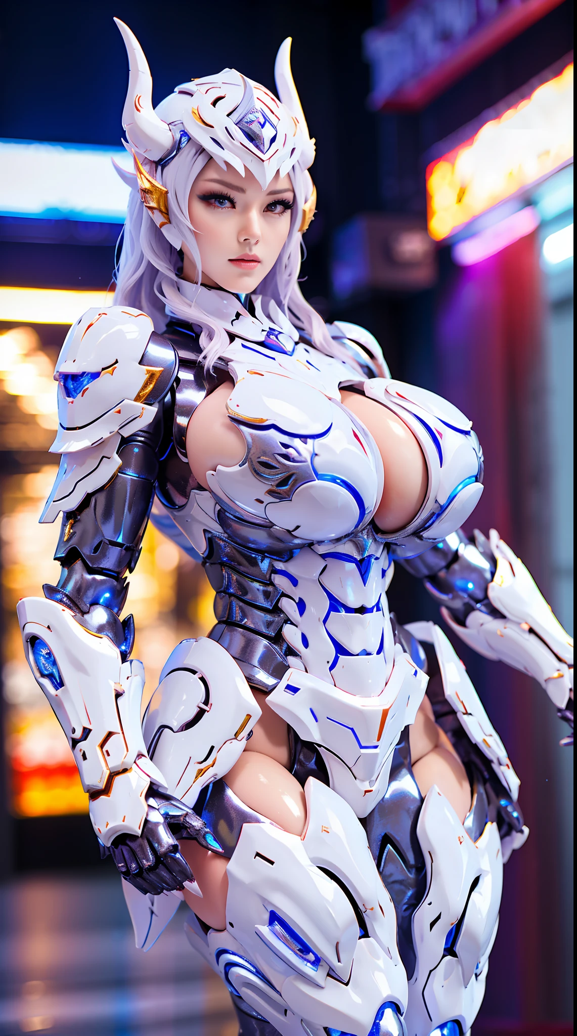 SILVER DRAGON QUEEN, HOLDING DRAGON LANCER POSE, HUGE BOOBS, MECHA HEAVY ARMOR, TRANSPARANT, STANDING, THICK BODY, MUSCLE ABS.