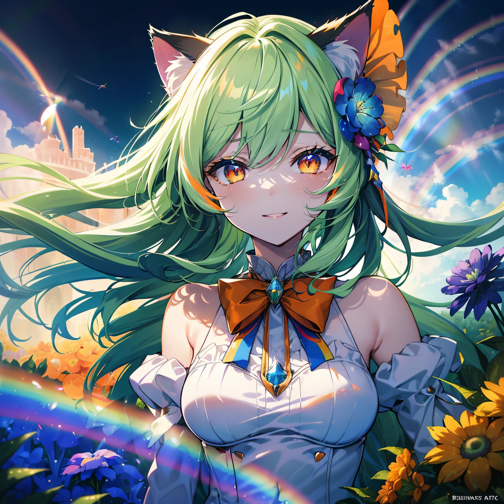 (Cat's ears:1.4),(Bright green straight hair with details:1.7),straight haired,(Face Focus:1.3) (Rainbow Background:1.3),(Open your mouth and smile shyly:1.3) ,(Slim Faces:1.3),(tiny chest:1.0),(Lip close-up:1.3),(Half closed eyes:1.3), (Angel Bride Dress:1.2), (Sleeping face:1.3), (Complex iridescent ribbons:1.3), (Mini skirt with red ruffles:1.3),sleeping princess,(Blue sky and complex prairie:1.3),A deep blue sky and a vortex of light enveloped her, Canon 5D, 85 mm, depth of fields, 8K, ultra sharpness, nffsw, octane, Unreal, Dramatic light, Global Illumination,Motion Picture Film,rainbow,lensflare,(Orange Eyes:1.3),extremely detailed eye,(Flower Rainbow Art:1.3),(Fantasia:1.3),(Agfacolor:1.3),(close portrait:1.3),(Feminine:1.4),(Beautiful:1.4),(Attractive:1.3),Move an angle,perfectly detailed eyes,Themed Background,Large grasslands,(Chest zoom:0.7)