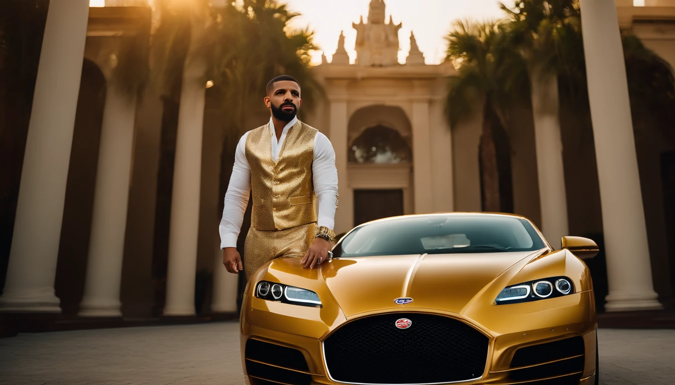 A Photograph capturing Drake, the rapper, bathed in warm golden light, diamonds all in his vest, very expnseive vest, stands confidently, adorned in a gleaming gold vest, against a majestic temple backdrop, a black bugatti behind drake.