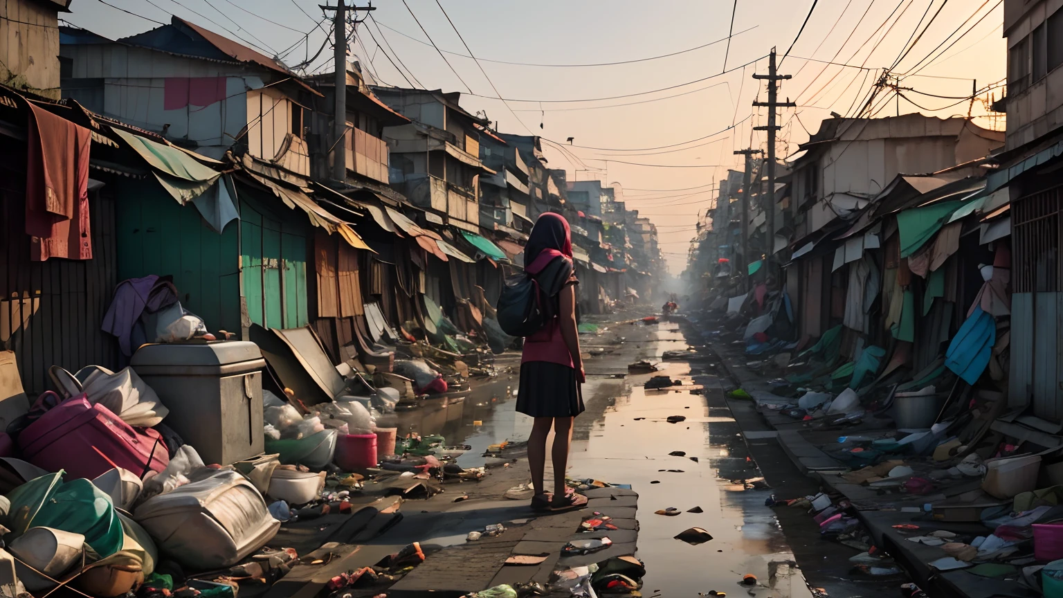 1 girl, Stand at front, Portrait of a collapsed area in Jakarta full of garbage, trash cans, garbage, junk, plastic bag, Dirty, Slum City, poverty,  Dim light, Epic, Cityscape, dawn, Clear sky, tree, railway, Cable, Dramatic, River