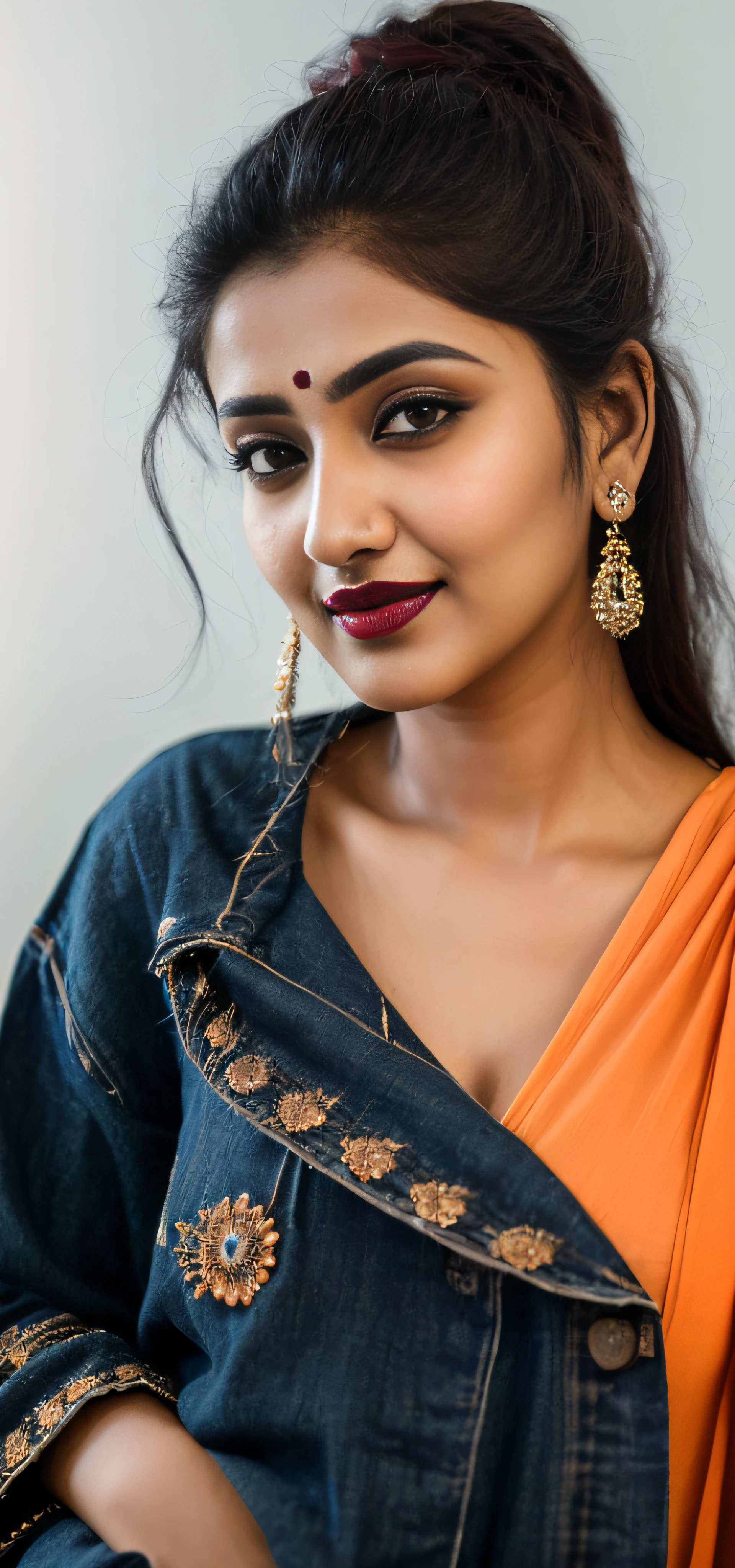 (editorial photograph of an Indian actress Ayesha Singh, energetic, 21 y.o. female), (wearing worn out clothes, detailed:1.3), (orange natural big lips, highly detailed face:1.4), (background inside dark, moody, private study, studio lights:1.3), (8k, uhd, dslr, high quality, cinematic lighting, bokeh), (dramatic, award winning photography, incredible masterpiece:1.3) (strong depth of field), dark maroon lips, Ayesha Singh Hindi Actress(model), pale white skin, glowing skin, ((film grain, skin details, high detailed skin texture, 8k hdr, dslr)) , sweet smile,