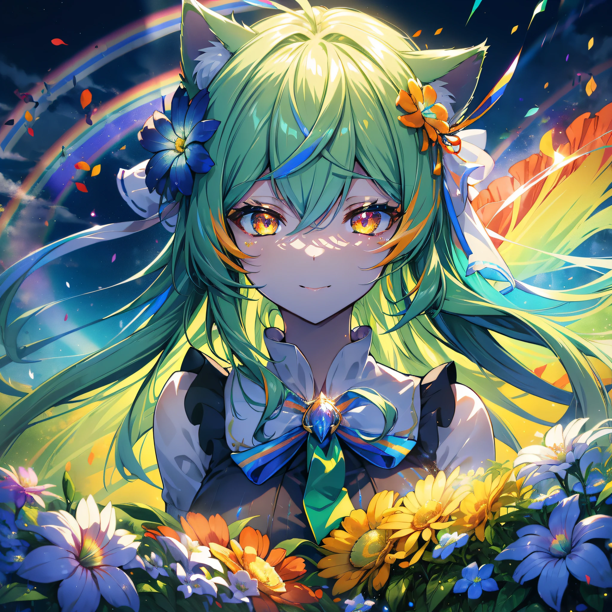 (Cat's ears:1.4),(Bright green straight hair with details:1.7),straight haired,(Face Focus:1.3) (Rainbow Background:1.3),(Open your mouth and smile shyly:1.3) ,(Slim Faces:1.3),(tiny chest:1.0),(Lip close-up:1.3),(Half closed eyes:1.3), (Angel Bride Dresses:1.2), (Sleeping face:1.3), (Complex iridescent ribbons:1.3), (Mini skirt with red ruffles:1.3),sleeping princess,(Blue sky and complex prairie:1.3),A deep blue sky and a vortex of light enveloped her, Canon 5D, 85 mm, depth of fields, 8K, ultra sharpness, nffsw, octane, Unreal, Dramatic light, Global Illumination,Motion Picture Film,rainbow,lensflare,(Orange Eyes:1.3),extremely detailed eye,(Flower Rainbow Art:1.3),(Fantasia:1.3),(Agfacolor:1.3),(close portrait:1.3),(Feminine:1.4),(Beautiful:1.4),(Attractive:1.3),Move an angle,perfectly detailed eyes,Themed Background,Large grasslands,(Chest zoom:0.7)