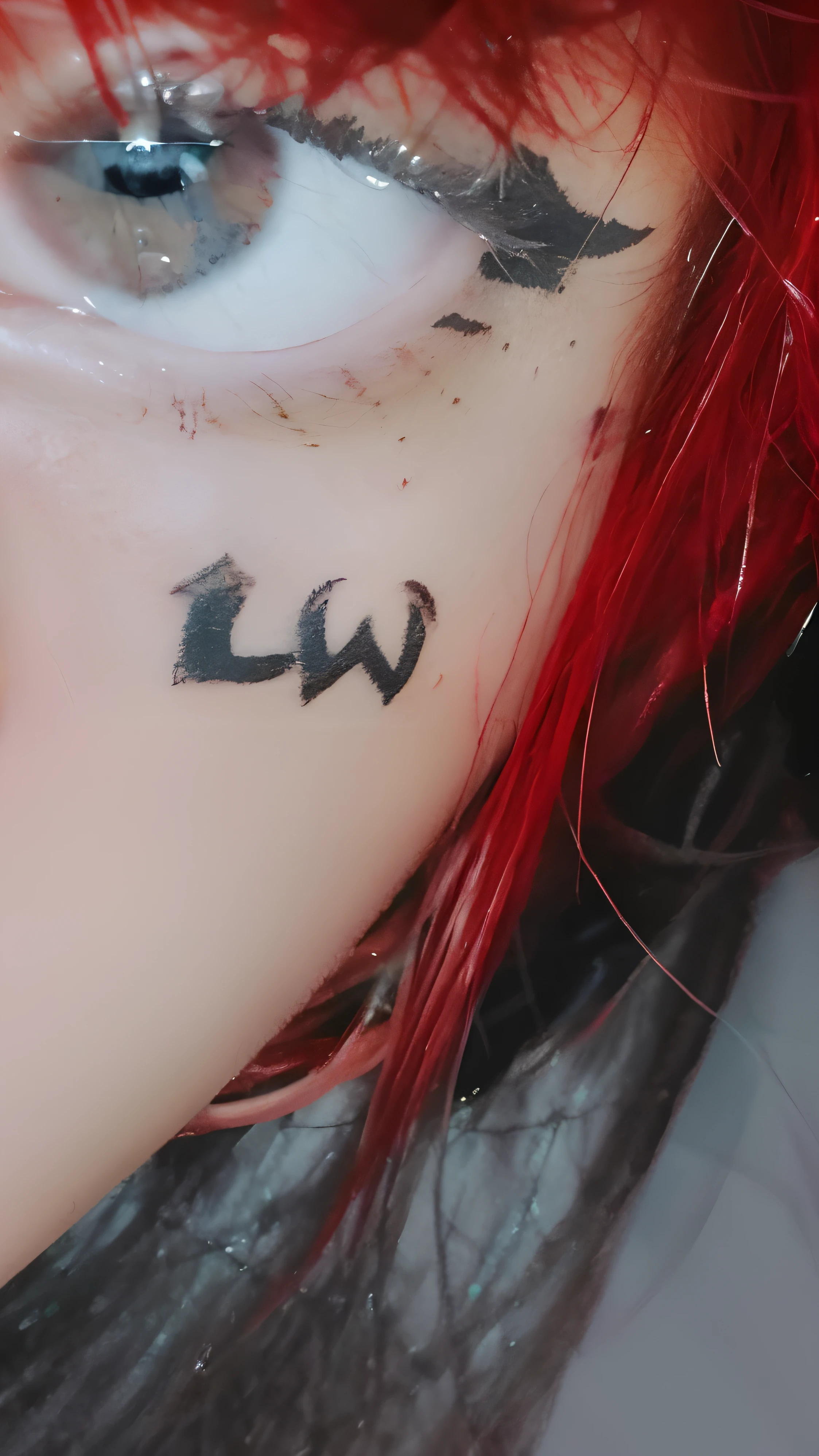 There is a closeup of a person with a tattoo on the eye, com tatuagens de runa no rosto, Lil Peep, algumas marcas grungy, Baixo Detalhe, tatuagem no rosto, tiro de perto do meio, com tatuagens, uma tatuagem(LW), warpaint aesthetic, Madison Beer como Leeloo, Detalhes baixos, com cabelos ruivos, neck tattoos, album cape!