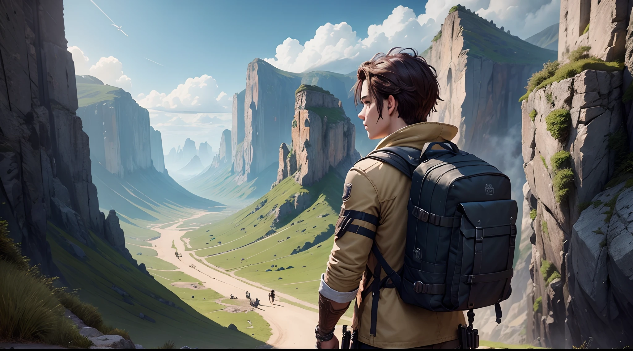 ADVENTURER ON THE BACK, BUST ONLY, BACKPACK ON THE BACK, WITH WEAPONS IN THE BACKPACK, REALISTIC COLORS, VERY DETAILED, MOBILE GAME, BEAUTIFUL LANDSCAPE, CITY IN THE FRONT, FEW PEOPLE, HIGH RESOLUTION