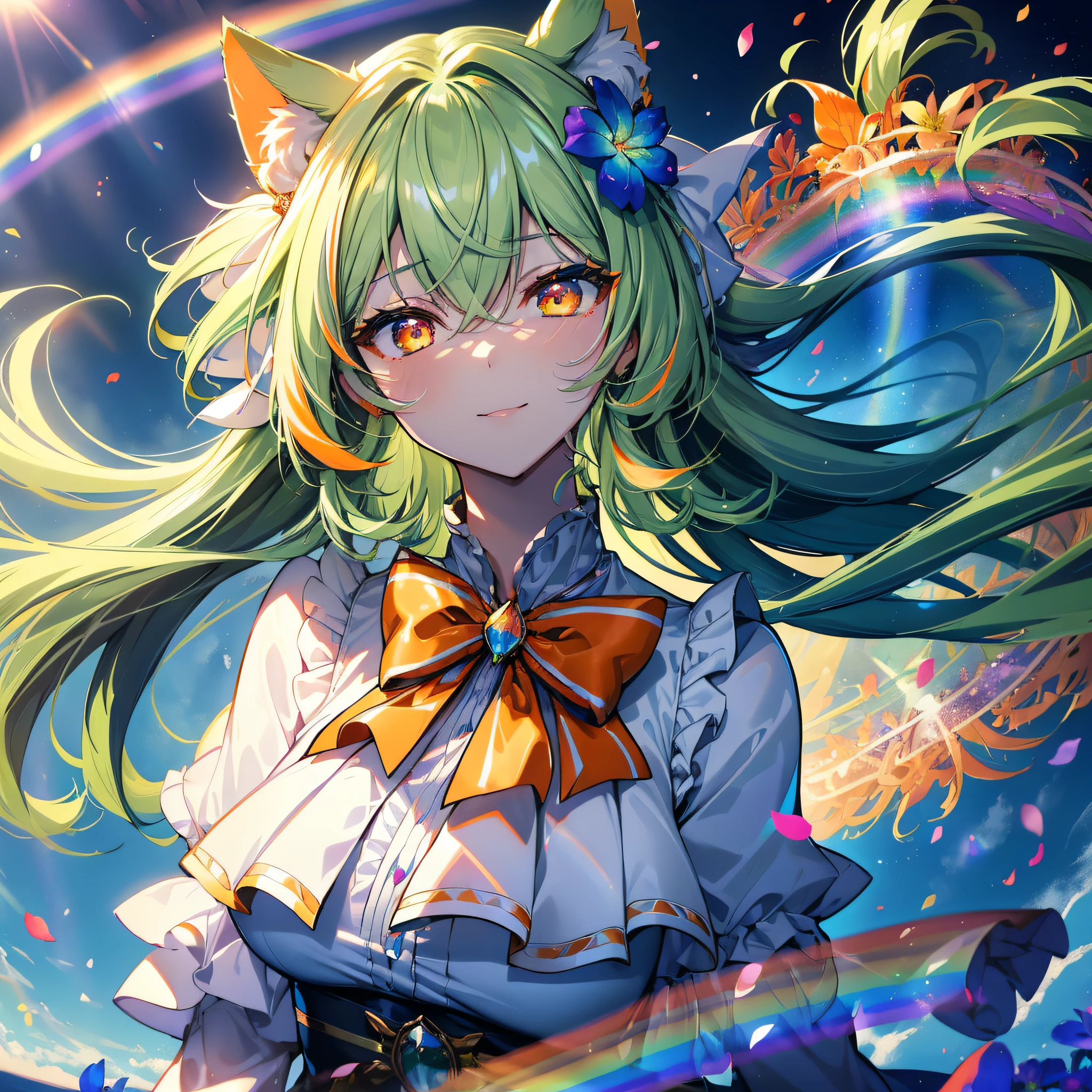 (Cat's ears:1.4),(Bright green straight hair with details:1.7),straight haired,(Face Focus:1.3) (Rainbow Background:1.3),(Open your mouth and smile shyly:1.3) ,(Slim Faces:1.3),(tiny chest:1.0),(Lip close-up:1.3),(Half closed eyes:1.3), (Angel Bride Dresses:1.2), (Sleeping face:1.3), (Complex iridescent ribbons:1.3), (Mini skirt with red ruffles:1.3),sleeping princess,(Blue sky and complex prairie:1.3),A deep blue sky and a vortex of light enveloped her, Canon 5D, 85 mm, depth of fields, 8K, ultra sharpness, nffsw, octane, Unreal, Dramatic light, Global Illumination,Motion Picture Film,rainbow,lensflare,(Orange Eyes:1.3),extremely detailed eye,(Flower Rainbow Art:1.3),(Fantasia:1.3),(Agfacolor:1.3),(close portrait:1.3),(Feminine:1.4),(Beautiful:1.4),(Attractive:1.3),Move an angle,perfectly detailed eyes,Themed Background,Large grasslands,(Chest zoom:0.7)
