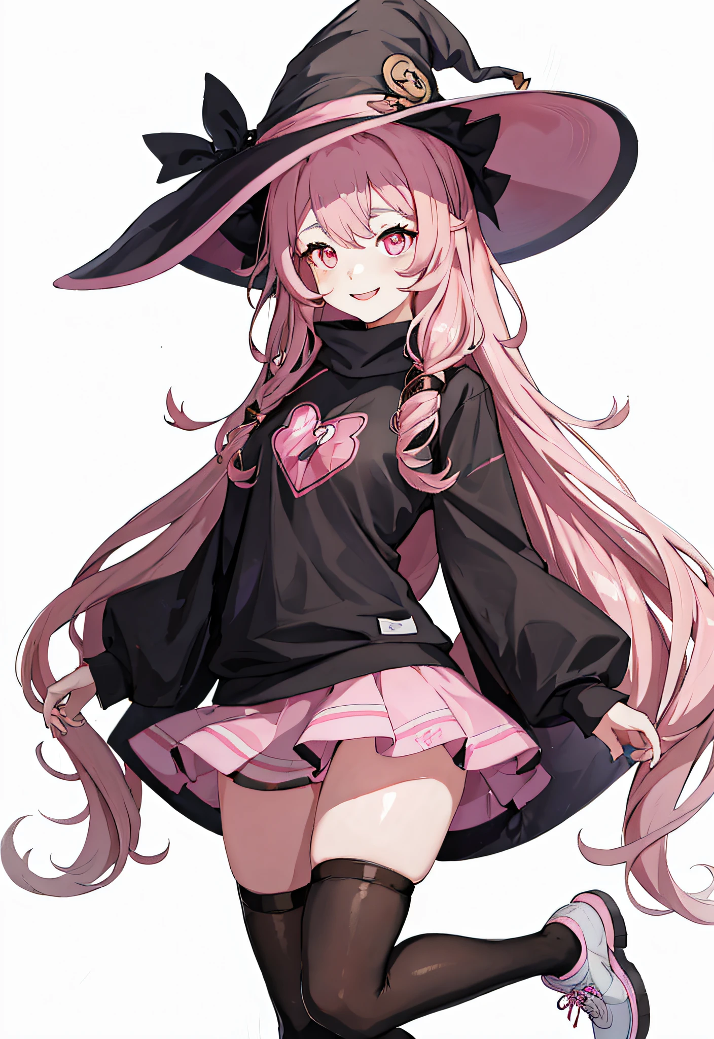 vtubermodel , 1girl , pink wavy hair , witch hat , white background , full body, original character, smile, sweatshirt, skirt, thigh highs,