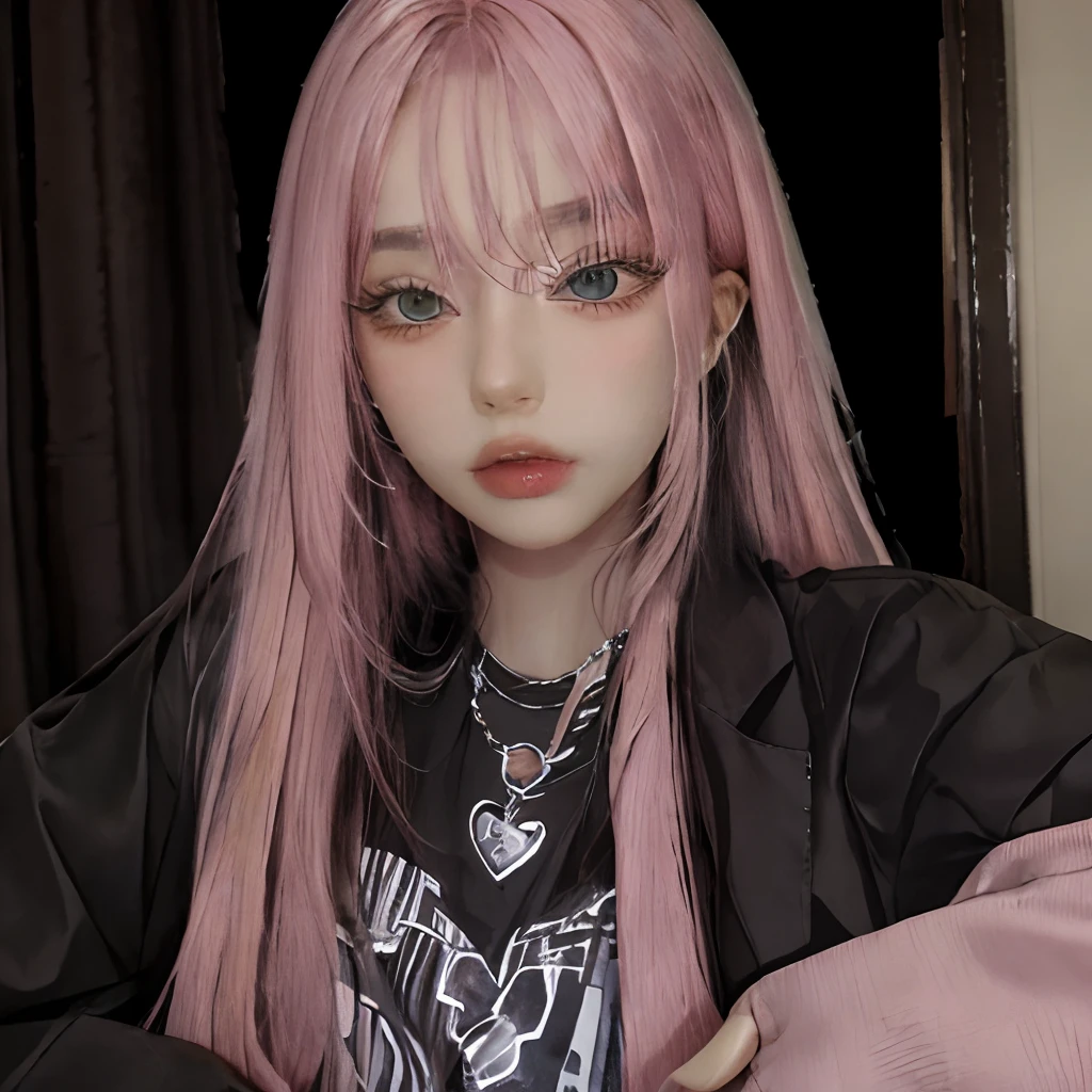masterpiece, best quality,realistic,absurdres,1girl,looking at viewer,long hair,egirl_outfit,egirl_face, night, pink hair, bedroom, computer, face detail, face retouch