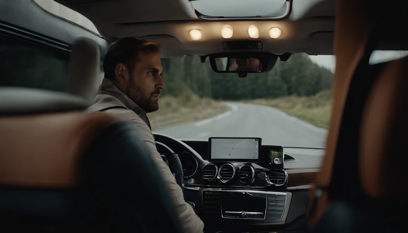 Create an image of a Inside a Mercedes Vito we see its driver, a 30-year-old European man wearing work clothes, he is driving to deliver door-to-door orders Image must be in 8K UHD resolution, photo inside off the van from driver site taken with a Fujifilm XT3 camera.
