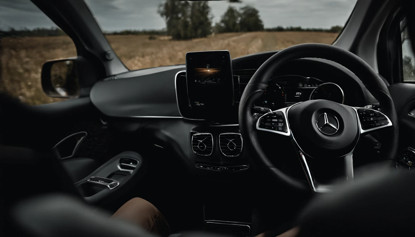 Create an image of a Inside a Mercedes Vito we see its driver, a 30-year-old European man wearing work clothes, he is driving to deliver door-to-door orders Image must be in 8K UHD resolution, photo inside off the van from driver site taken with a Fujifilm XT3 camera.
