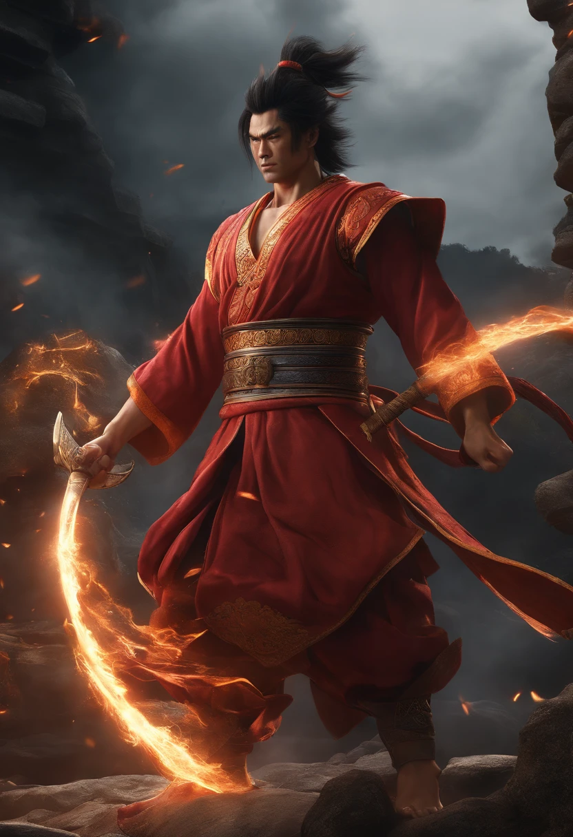 Goku en tant que guerrier chinois en robe rouge, Style Dynasty Warrior, Elaborate and beautiful CGI anime style, Luffy, 8K fantasy of highly detailed digital effect, CGSOCIETY 9, epic digital art illustration, et le style Mumford et Alex Gray, Bioluminescence hyper realistic super detailed Dynamic shot master piece scene cinématique scènes movie Epic Legendary