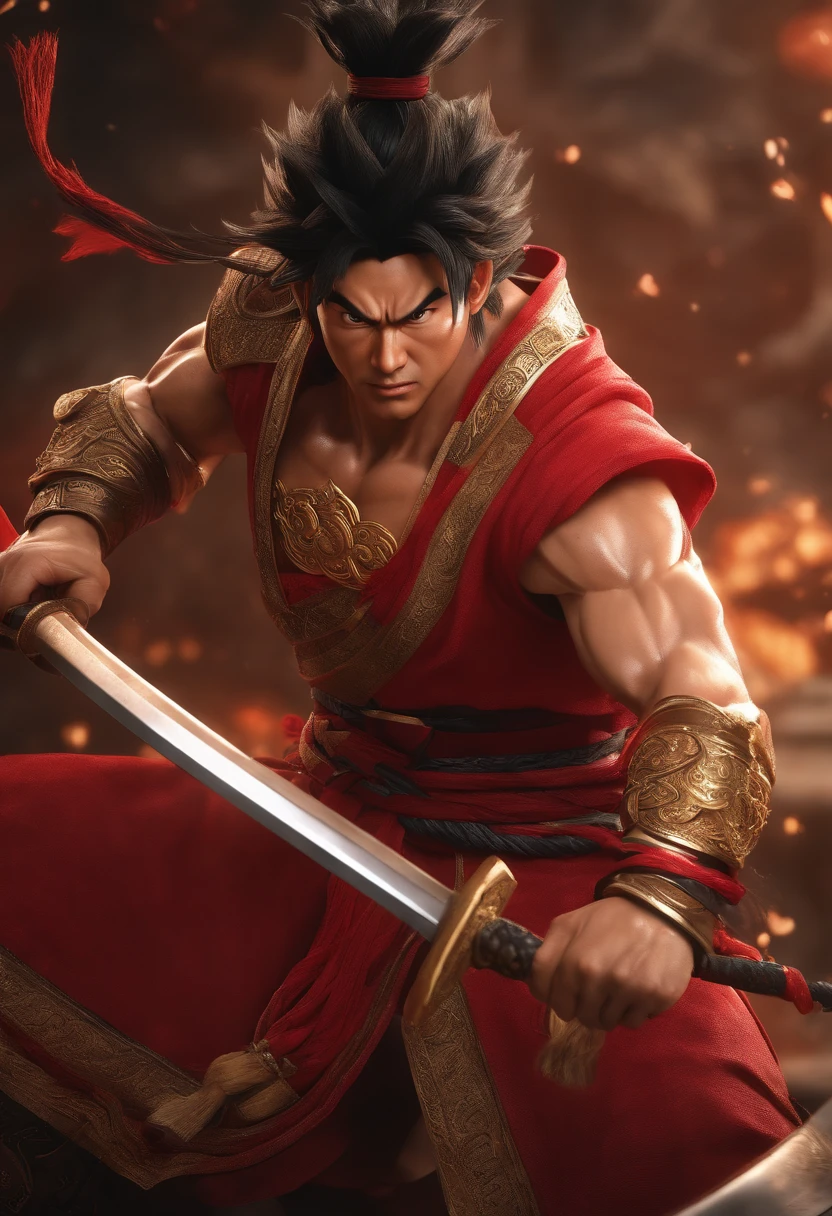 Goku en tant que guerrier chinois en robe rouge, Style Dynasty Warrior, Elaborate and beautiful CGI anime style, Luffy, 8K fantasy of highly detailed digital effect, CGSOCIETY 9, epic digital art illustration, et le style Mumford et Alex Gray, Bioluminescence hyper realistic super detailed Dynamic shot master piece scene cinématique scènes movie Epic Legendary