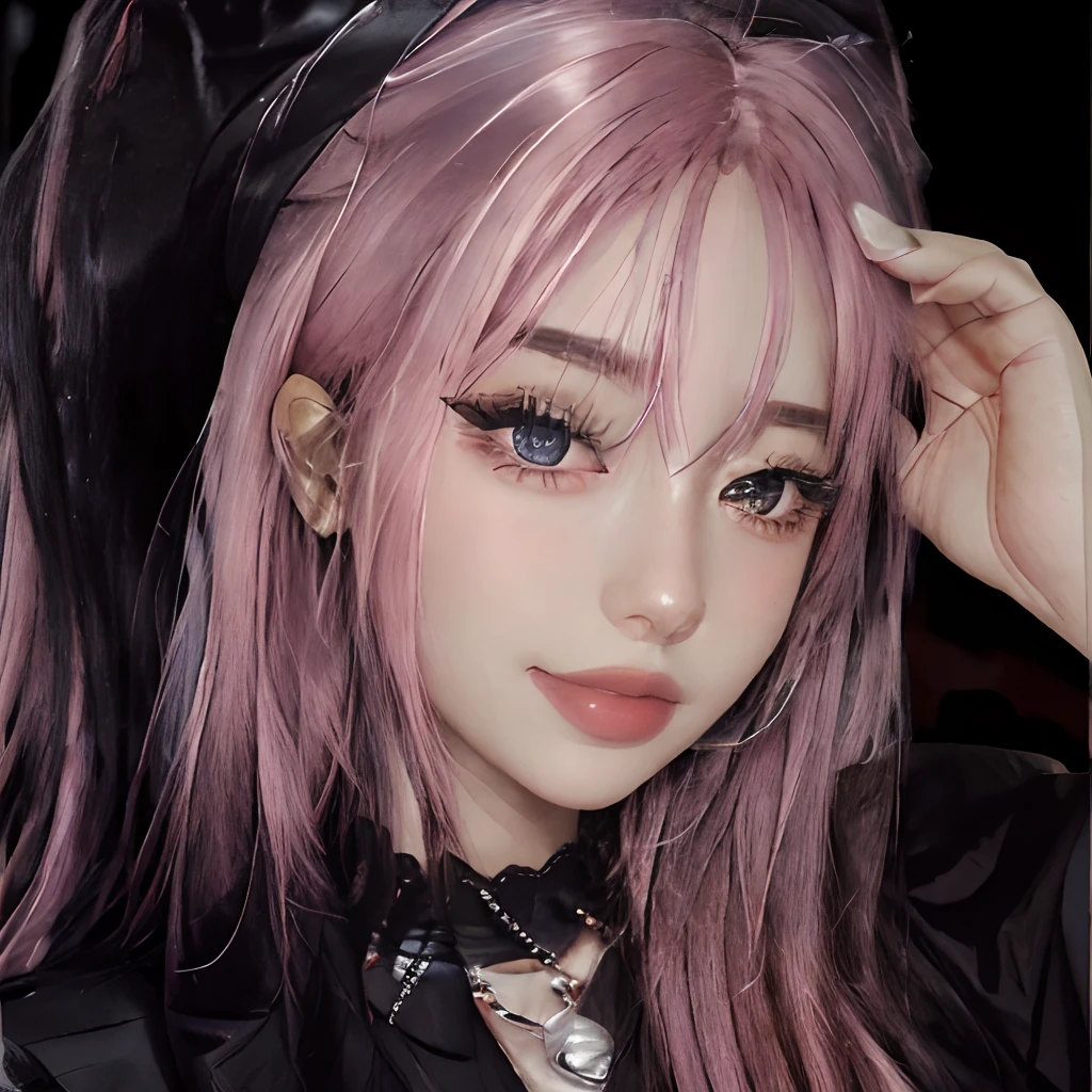 masterpiece, best quality,realistic,absurdres,1girl,looking at viewer,long hair,egirl_outfit,egirl_face, night, pink hair, bedroom, computer, face detail, face retouch, shy smile