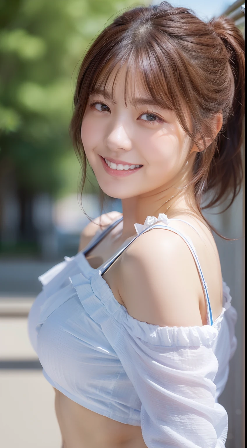 Enhanced dynamic perspective,Cute cute beautiful girl,((Ruffled White Cotton Off-Shoulder Top))、Short pants、Look at me and smile,simple backgound,Works of masters,high quarity,4K resolution,super-fine,Detailed pubic hair,acurate,Cinematic lighting,Leaves the original facial proportions、(Huge breasts)、Long hair with gray hair、high ponytail