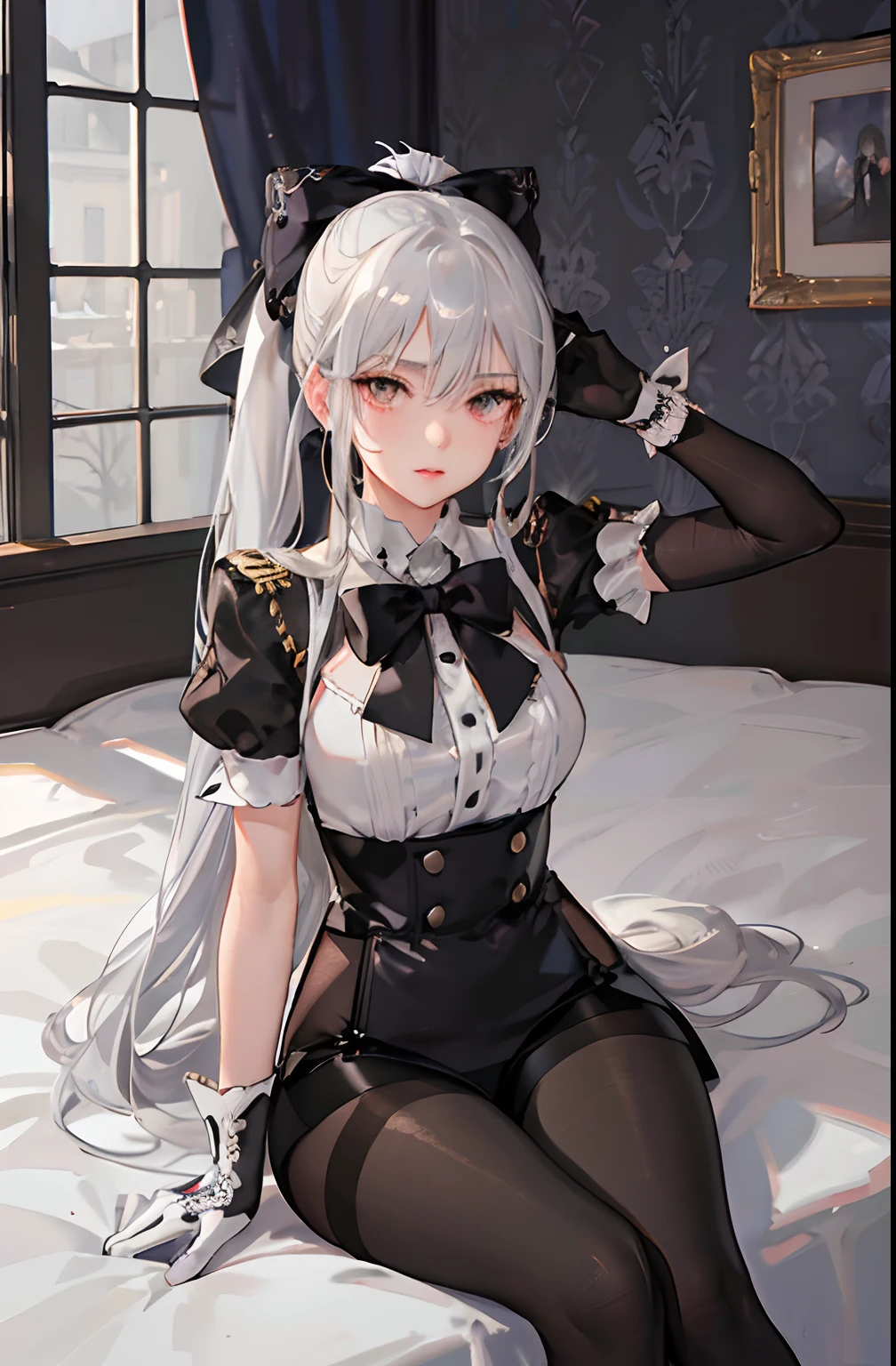 (((1 girl)),ray tracing,(dim lighting),[detailed background (backroom)),((silver hair)),((silver hair)),(Fluffy silver hair, plump slender girl)) with high ponytail)))) Avoid blonde eyes in the ominous bedroom ((((Girl wears intricately embroidered black high-waisted pants with pantyhose) and white ruffled bow gloves), showing a delicate slim figure and graceful curves, correct limbs, sitting on the bed