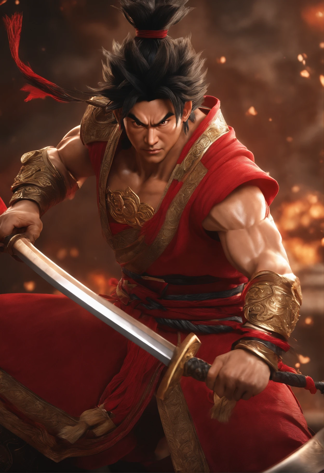 Goku en tant que guerrier chinois en robe rouge, Style Dynasty Warrior, Elaborate and beautiful CGI anime style, Luffy, 8K fantasy of highly detailed digital effect, CGSOCIETY 9, epic digital art illustration, et le style Mumford et Alex Gray, Bioluminescence hyper realistic super detailed Dynamic shot master piece scene cinématique scènes movie Epic Legendary