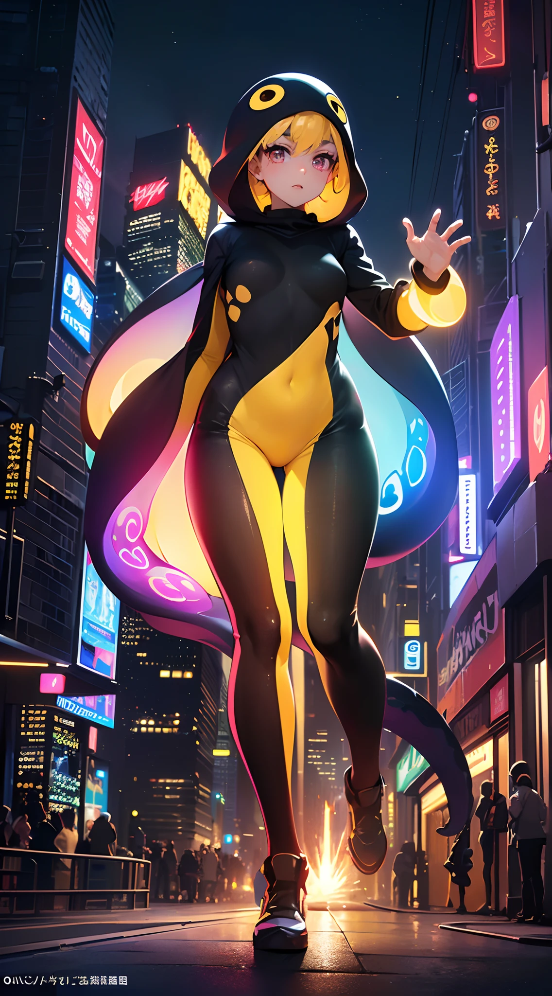 (Dynamic Angle:1.4), ((Full body posing:1.5), (Colorful:1.2), (Highly detailed CG Unity 16K wallpaper:1.1), (Denoising strength: 1.45), (tmasterpiece:1.37), ((Official art)), of the highest quality, (Realistic), Deformed Character, (Short-cut hair:1.2),(Octopus costume:1.5),Random hair,Glowing eyes,(nice eyes:1.2),((Poses in motion:1.1)),((Octopus costume:1.3)),wires, (LED:1.3), (a hologram:1.2), futuristic city street, Neon light, Skyscrapers, (Night:1.2), (Rainbow Model:1.2), 8K resolution, (Anime style:1.3), Cinematic lighting, chromatic abberation, spark of light, Ray tracing, blending, ultra wide-angle,  Hasselblad, (masutepiece), (masutepiece), ((Best Quality)), ((masutepiece)), nffsw