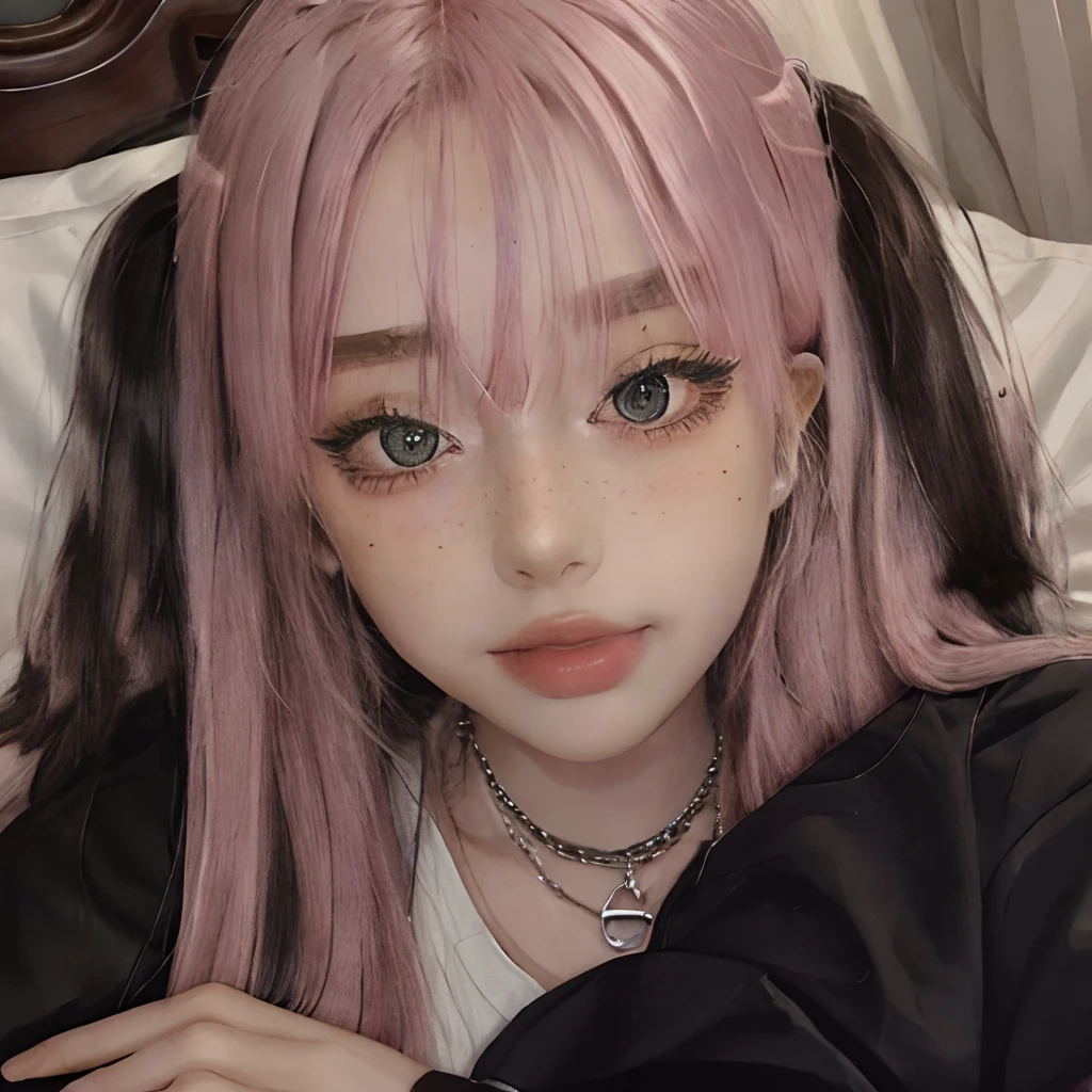 masterpiece, best quality,realistic,absurdres,1girl,looking at viewer,long hair,egirl_outfit,egirl_face, night, pink hair, bedroom, computer, face detail, face retouch, shy smile, freckles, beautiful lighting, lying on bed, full body