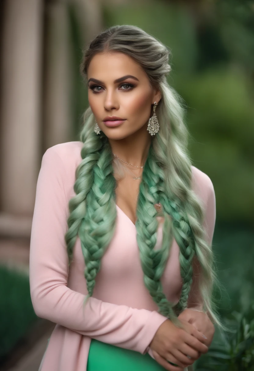 mujer con trenzas rosa y verde claro, tetas grandes, cabello grande, uniforme abierto ojos verde claro