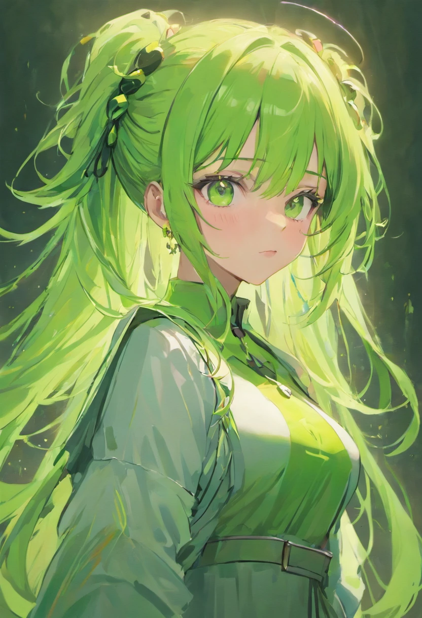 (ultra-high quality, realistic, portrait:1.2), oil painting, woman with pink and light green braids, extremely large breasts, voluminous hair, open uniform, light green eyes