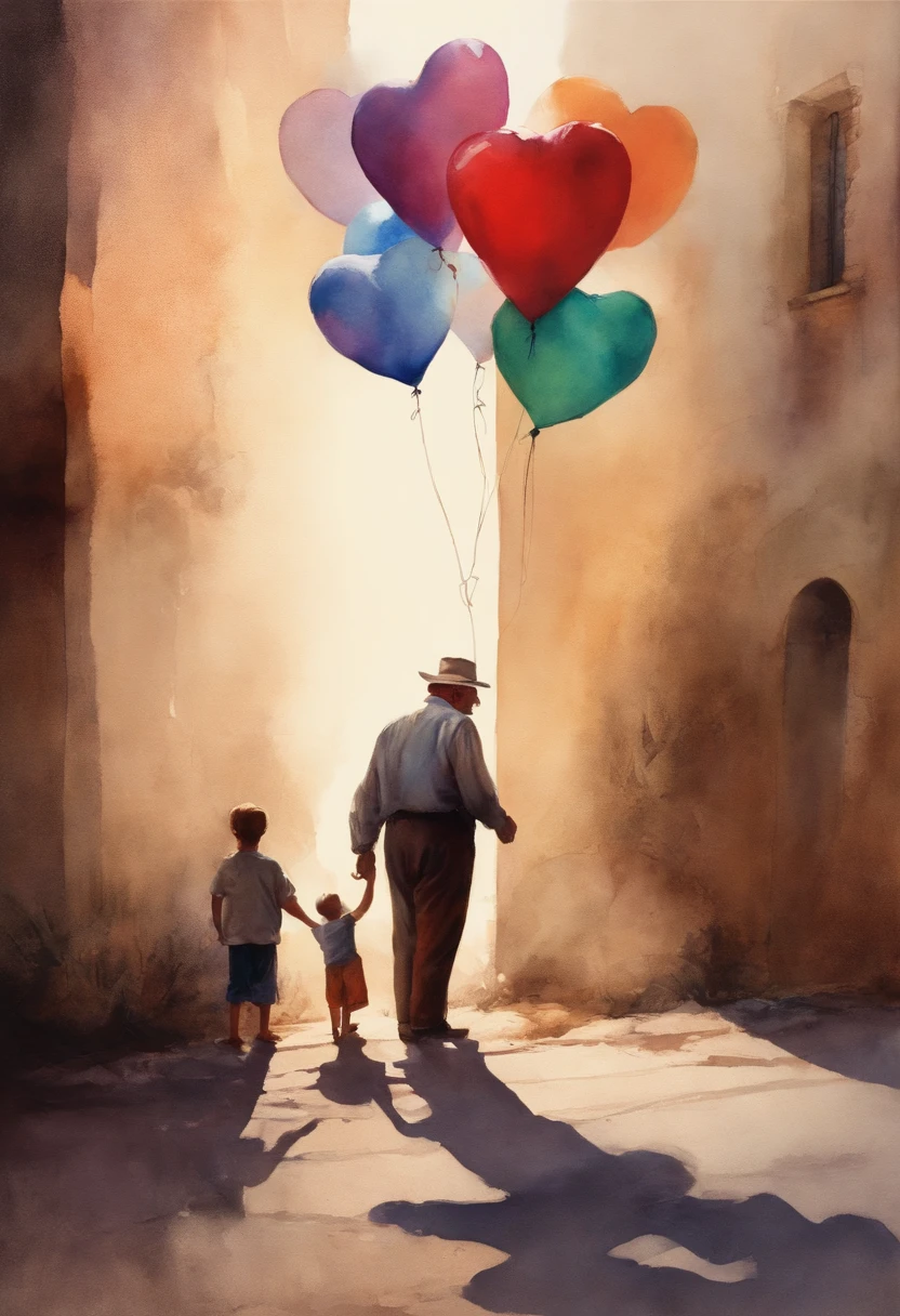 Estilo aquarela, an old man handing a large heart balloon to a boy.are in profile