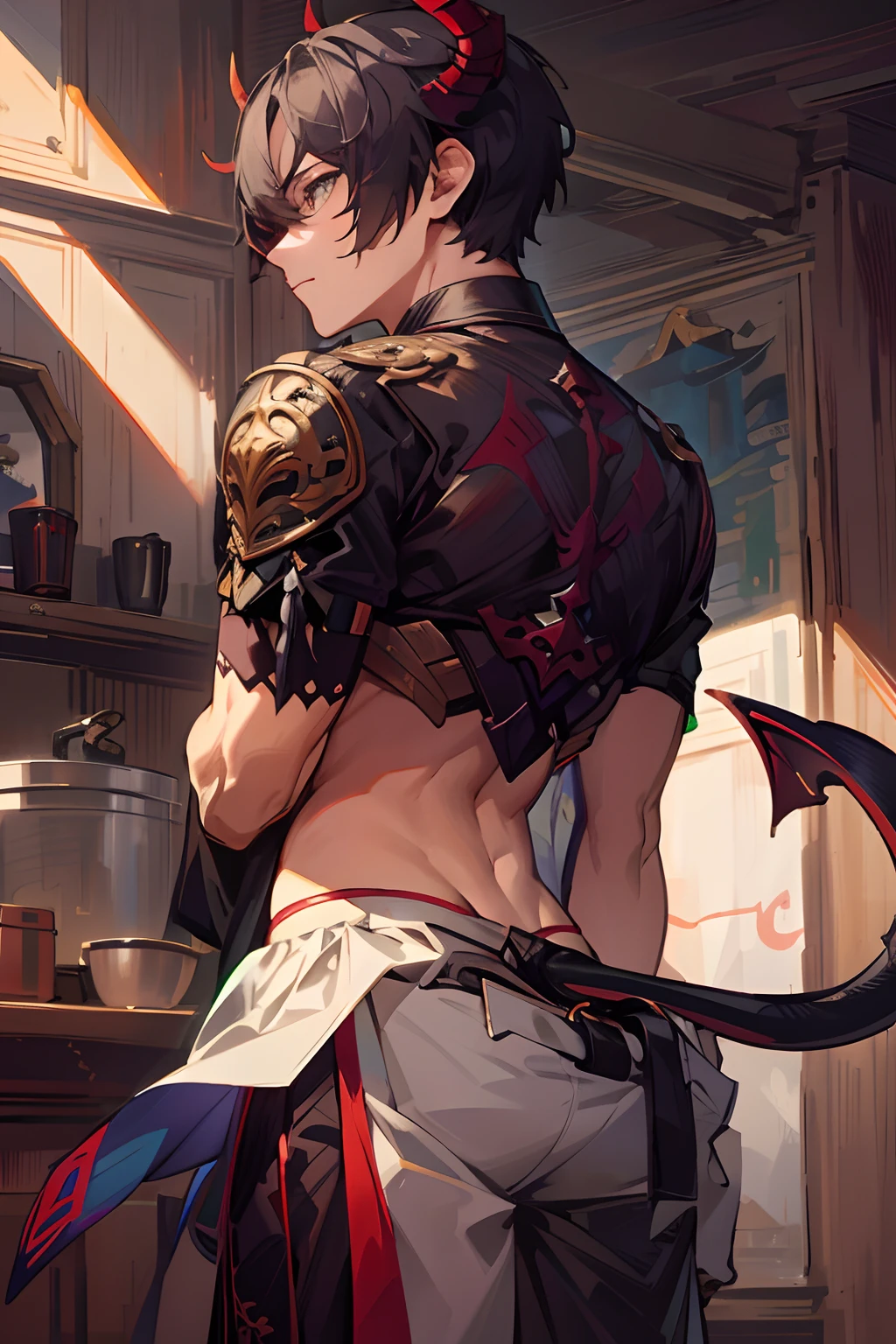 anime - style image of a man with a demon costume and a knife, by Yang J, by Shitao, artwork in the style of guweiz, guweiz on pixiv artstation, kawacy, highly detailed exquisite fanart, detailed digital anime art, guweiz on artstation pixiv, guweiz, keqing from genshin impact, male, 1boy, solo