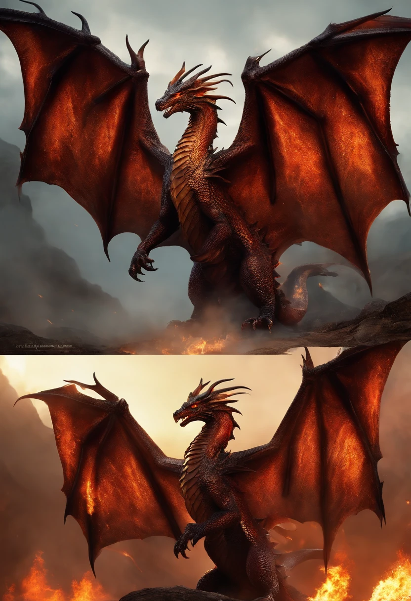 Large dragon with huge bat claws and wings with scales all over its body and flaming horns