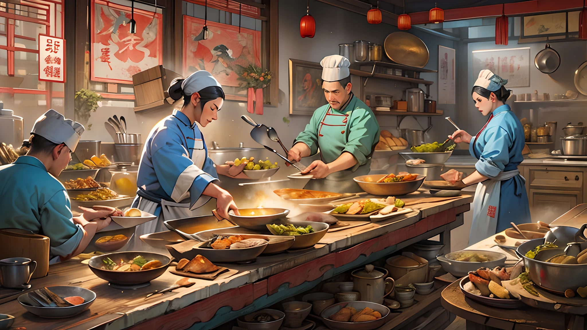 In the palace kitchen, Many chefs are busy cooking, Full of ancient Chinese kitchen elements,In the style of Chinese painting, A realistic depiction of everyday life, Fauvist animator, photo-realistic techniques, Lively tavern scene, Sky blue and amber, depictions of labor ,16k, Best quality, Masterpiece, Super detail, High details