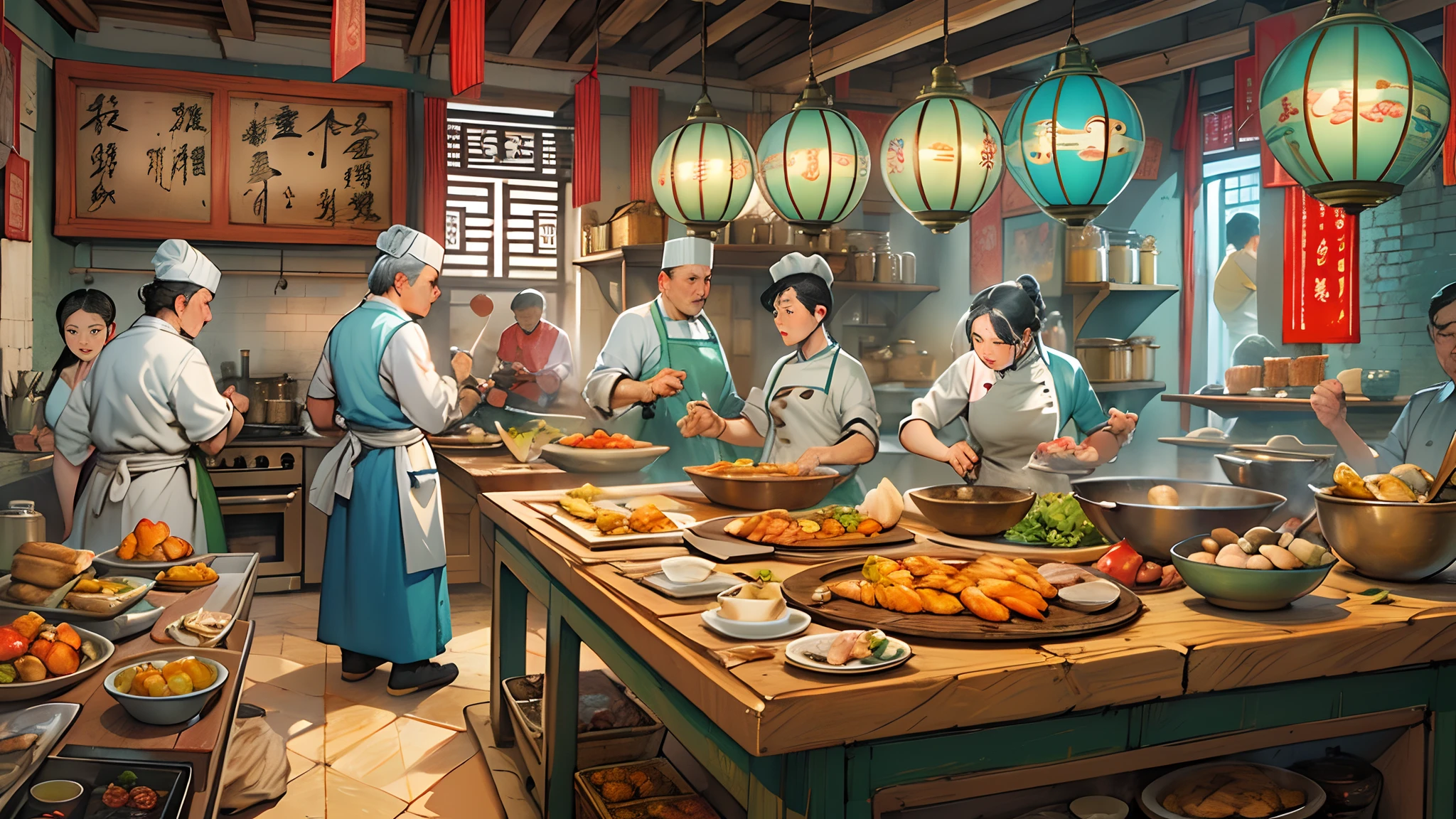 In the palace kitchen, Many chefs are busy cooking, Full of ancient Chinese kitchen elements，In the style of Chinese painting, A realistic depiction of everyday life, Fauvist animator, photo-realistic techniques, Lively tavern scene, Sky blue and amber, depictions of labor ,16k, Best quality, Masterpiece, Super detail, High details