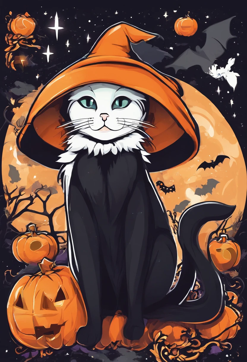 Halloween, Blackcat wear witch hat, sticker design, simple, illustrative, cute,