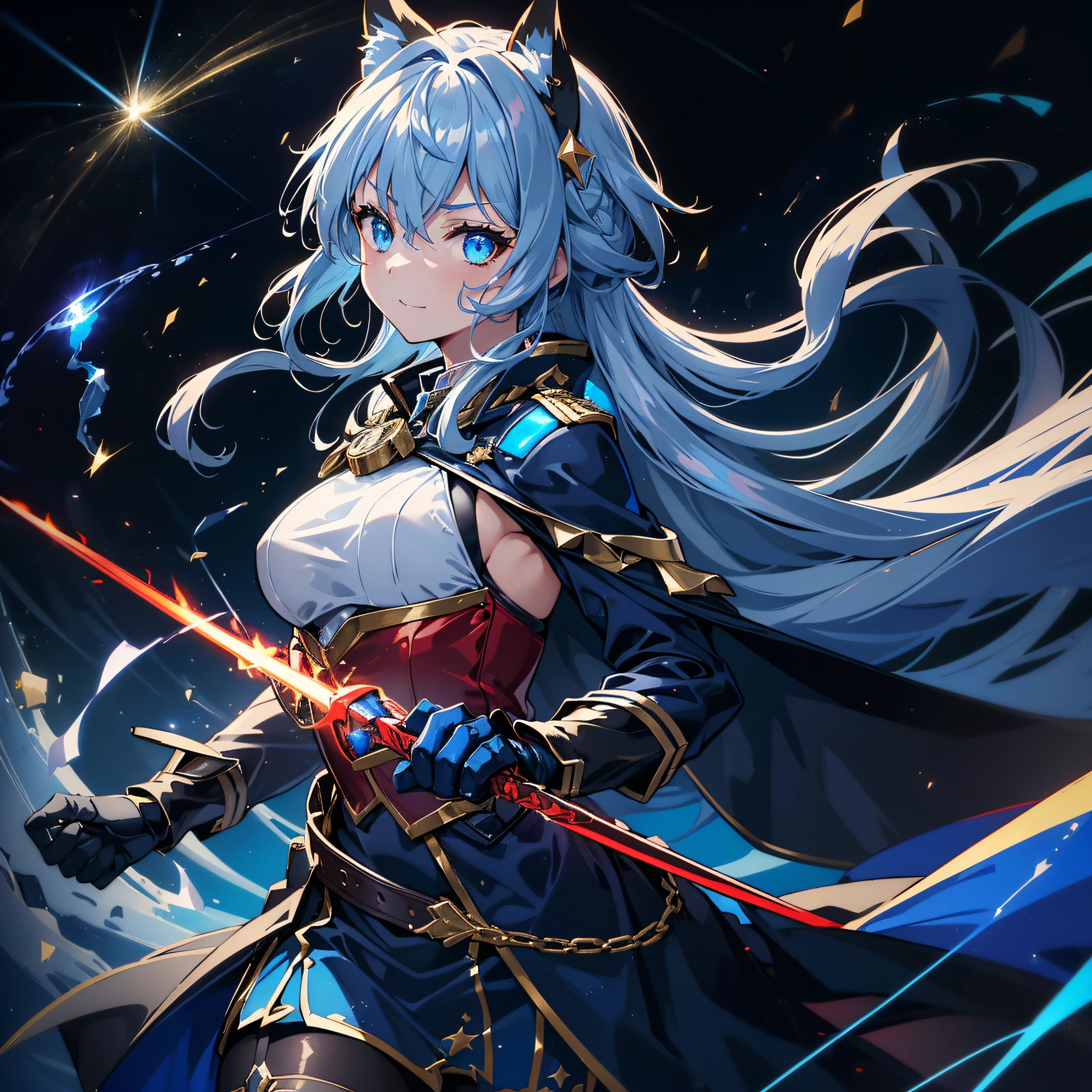 (She has cat ears:1.3),(Blue eyes in the starry sky:1.3),(Face Focus:1.3), (Wear detailed blue goggle-shaped goggles on your head:1.4),(sad:1.3),(Happy expression:1.3),(A smile:1.3),(Otome Knight:1.3),(long gray hair with bright details,:1.3), (hair messy:1.3), (Magic knight wielding fire torpedoes:1.3), (perfectly detailed eyes:1.3),(Adult leeway:1.3),(Battle angles that unleash the magic of flames from your hands:1.3),(dance:1.3),Her skin is pale,(Blue and white and gold war maiden costume:1.3),(small tit:1.5),(Blue military uniform jacket with red straps on shoulders and back:1.3),(Black and gold and red pirate suit:1.3),(Blue Lightning Brave Sword:1.3),She is a war maiden,Emitting an aura of light,(Face Zoom:1.3),Highest Quality, (Gripping the silver sword accurately:1.3),(Many blue glowing blades fly around her:1.3),Complex castle town,Lens Flare, Big rainbow,The moon shines,money, bloom, ((light glow)), chromatic abberation], Digital Painting, Insane details, Intricate details, Beautifully color graded, Anime Clothing,Unreal Engine, Cinematic , colour grading, Editorial Photography , Photography, Kiss Shot, Canon 5D Camera Photography,Shot on 70mm lens, Depth of subject, ultra sharpness, nffsw, octane, Unreal, Dramatic light, Global Illumination,Motion Picture Film,rainbow,lensflare,(Blue Cross and Shooting Star Aura Wave:1.3),(Blue military uniform cloak、Red string:1.3),(Agfacolor:1.3),(close portrait:1.3),(Feminine:1.4),(Beautiful:1.4),(Attractive:1.3),Move an angle,Themed Background,