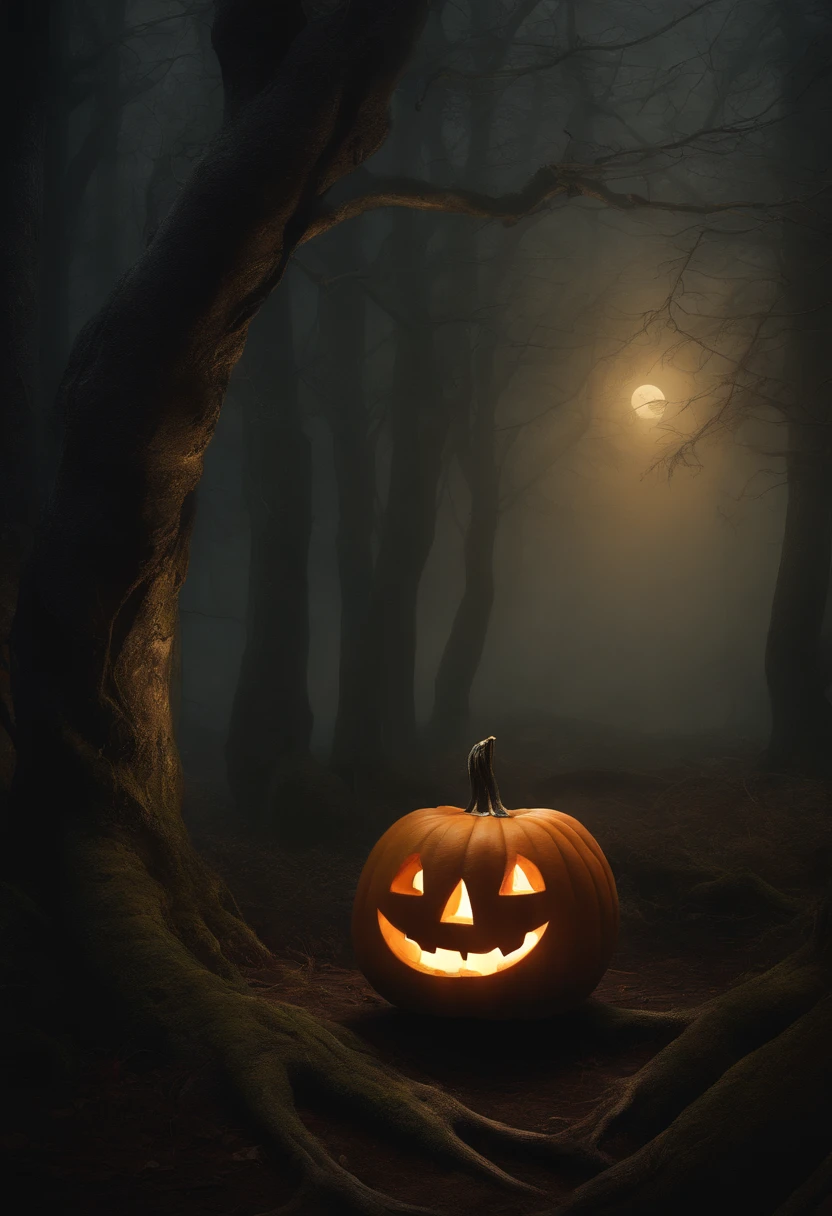 (best quality, highres, oil painting:1.2), dark forest, pumpkin with a carved face, foggy atmosphere, gloomy hollow, moonlit shadows, mysterious glow, eerie ambiance, hauntingly beautiful landscape, detailed textures, twisted branches, vibrant colors, chilling silence, a touch of mystery, spooky vibes
