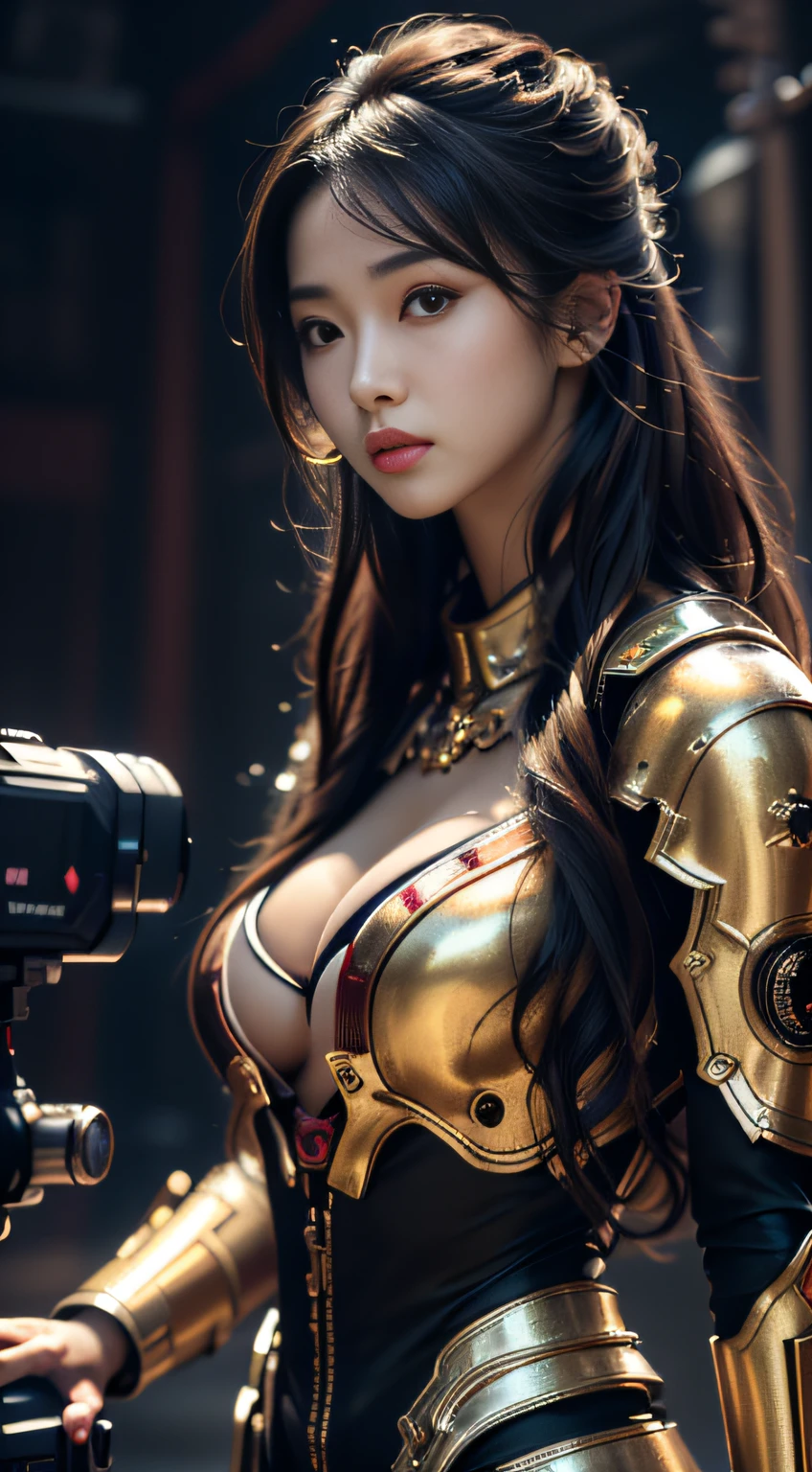 A cute oriental beauty in a mech(Best quality, Detailed details, Masterpiece, , 4K, Chiaroscuro,Bust photos are super realistic and realistic, Highly detailed Canon videography )