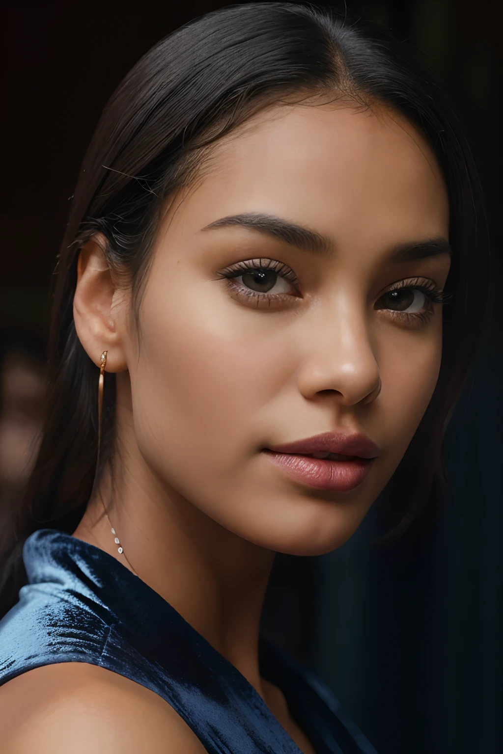 solo woman, close-up in front of a blue velvet drapery, , (highest quality fabric velvet texture), blue drapery solo , close-up picture, film quality, dark skinned woman in profile, behind her in background is blue velvet drapery, (highest quality fabric velvet texture), blue drapery flowing background, her long dark hair behind her ear, Fine facial features, Masterpiece – Masterpiece ○○ quality – ○○ quality best quality(Highest Quality) , solo female, High quality (hiquality)　etc ○○ detailed – ○○ details ultra detailed(Ultra-fine ), Photorealistic, Extremely detailed(Extremely detailed) , Finely detailed(Fine-grained), (highest detail skin texture peachfuzz earlobe realistic)　etc ○○ res – ○○ resolution ultra high res(A high resolution) , very high texture res(light resolution), Realistic – Realistic Photorealistic – photorealistic beautiful – beautiful 4k , 8K, ancient sexuality, close and intimate, she's in profile,