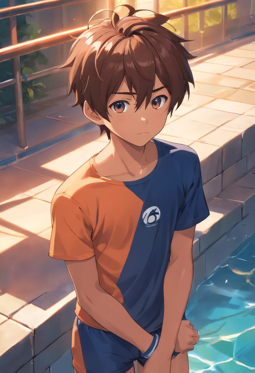 A hyper-realistic, 12-year-old boy with cinnamon-brown skin, Athletic Tone Body Spiked hair,Serious male thoughtful observer dark blue school swimsuit, Mokkori,