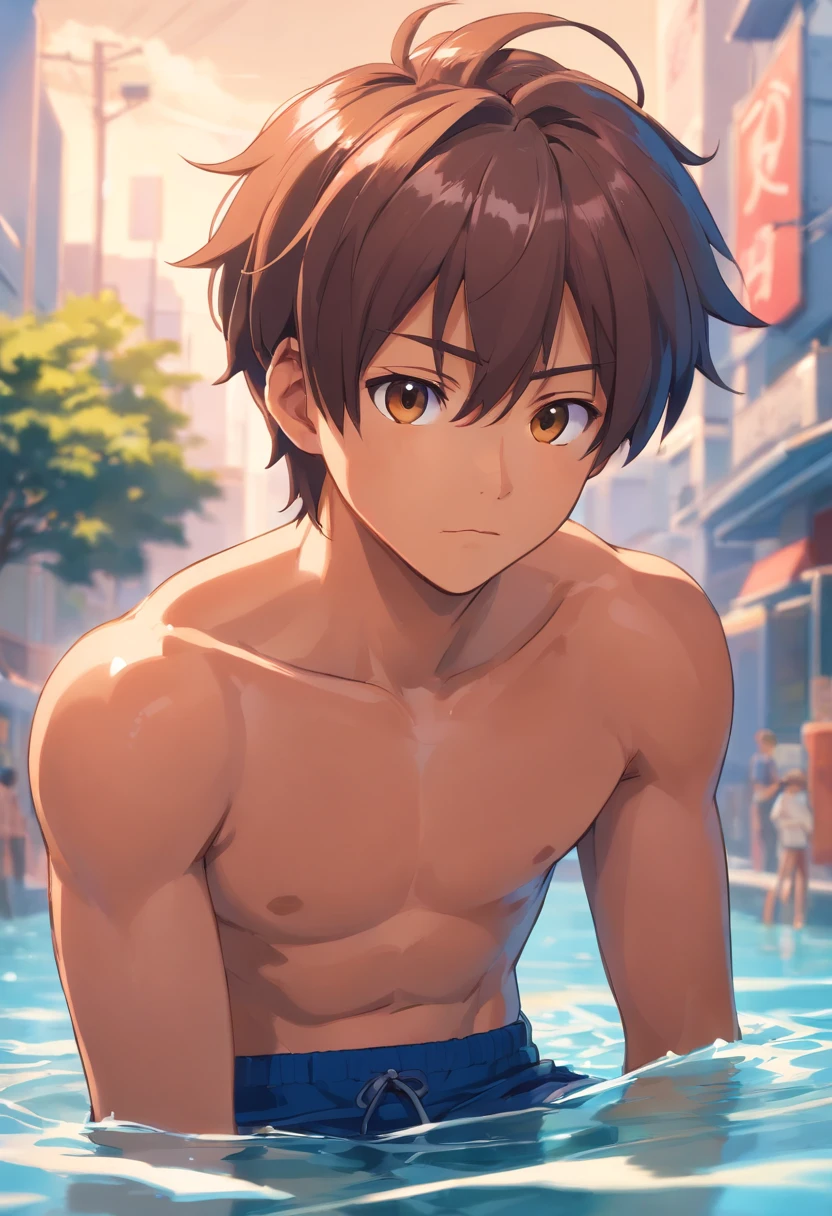 A hyper-realistic, 12-year-old boy with cinnamon-brown skin, Athletic Tone Body Spiked hair,Serious male thoughtful observer dark blue school swimsuit, Mokkori,