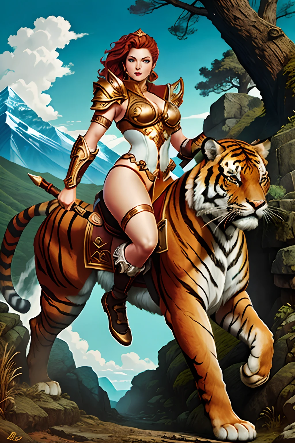 80s_Teela riding a gaint tiger in a fantasy wilderness setting. Tiger wearing armor. Dynamic pose.